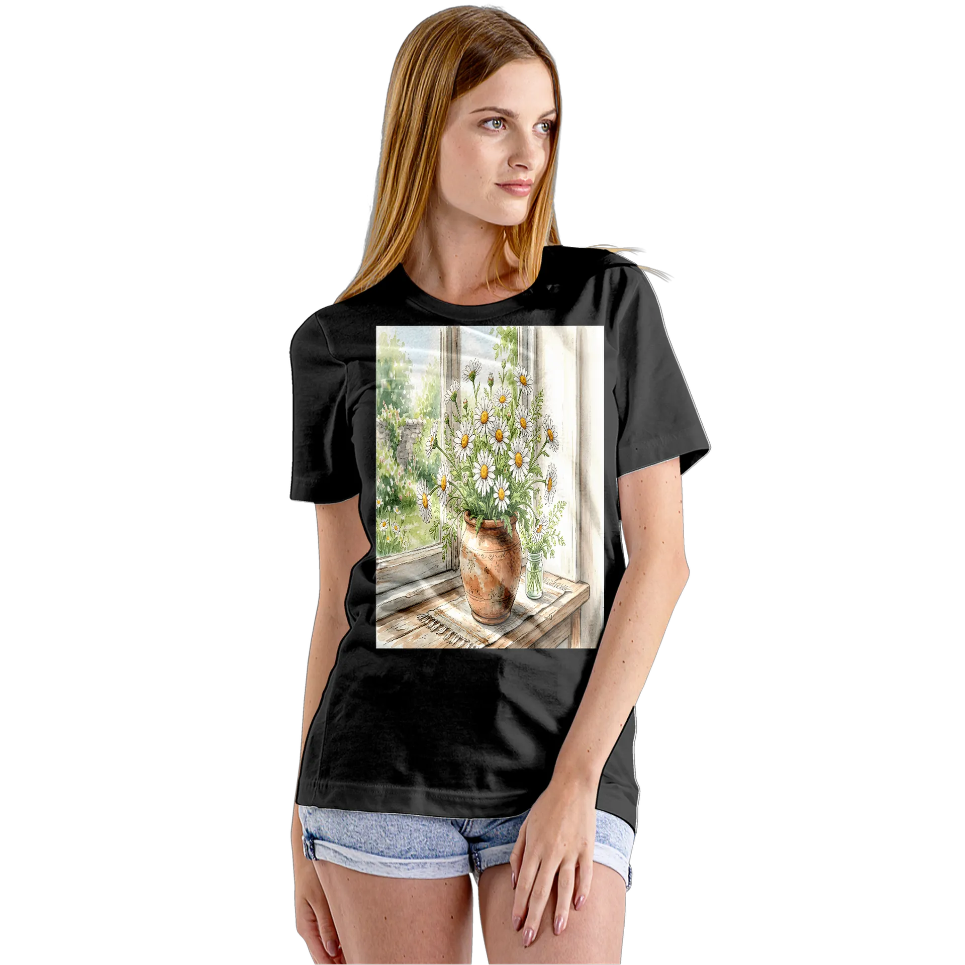 Camiseta Babylook Margaridas em Vaso Ilustração Aquarela - Imagem 5