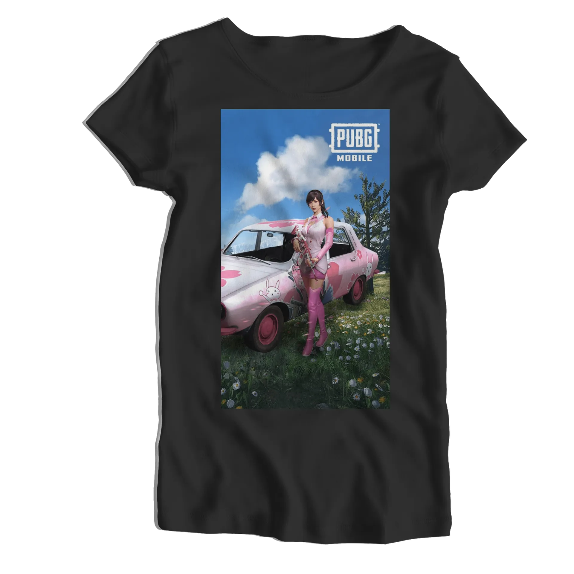 Camiseta Babylook PUBG Mobile Personagem e Carro Rosa 100% - Imagem 1