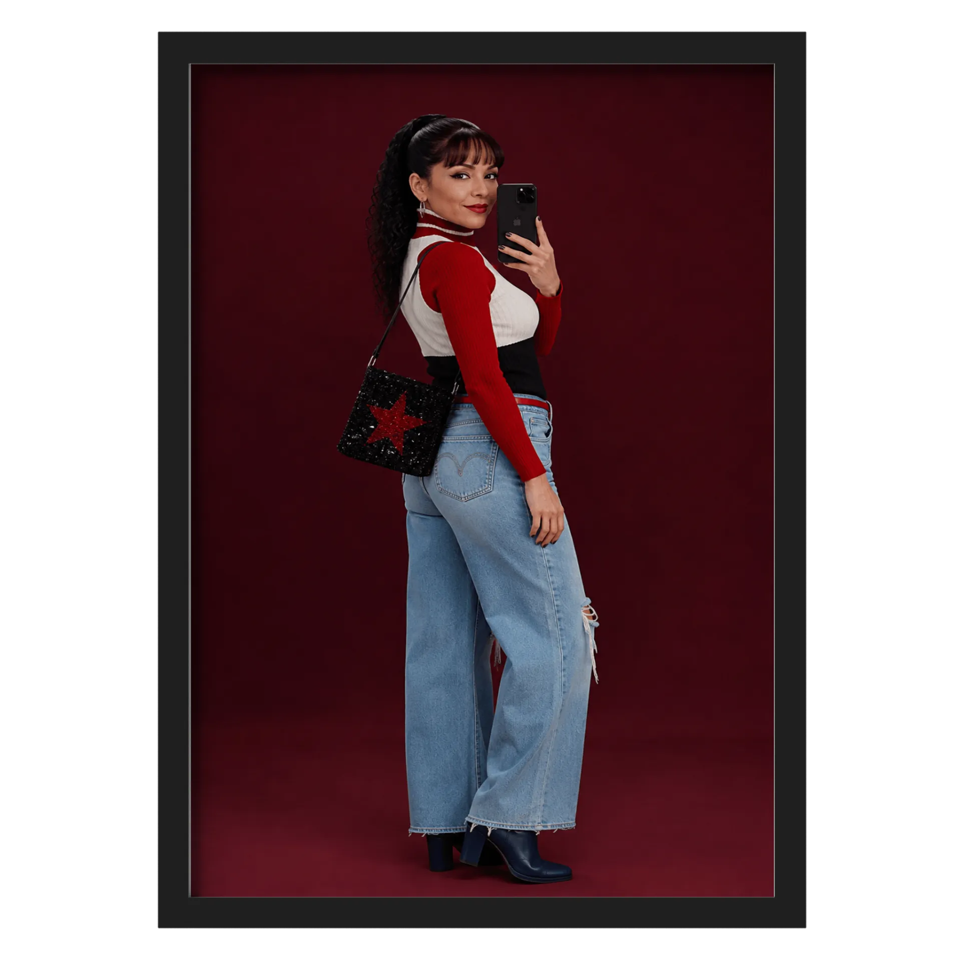 Quadro Gata Estilizada Brilho Vermelho A3 com Vidro MDF e - Imagem 1