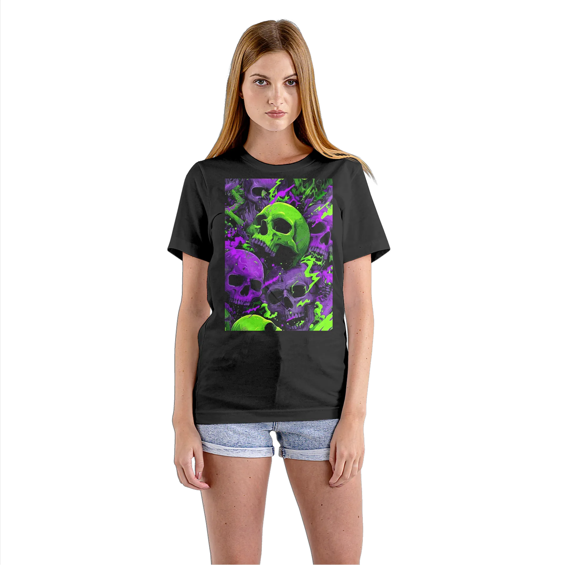 Camiseta Babylook Caveiras Cartoon Verde e Roxo 100% Algodão - Imagem 3