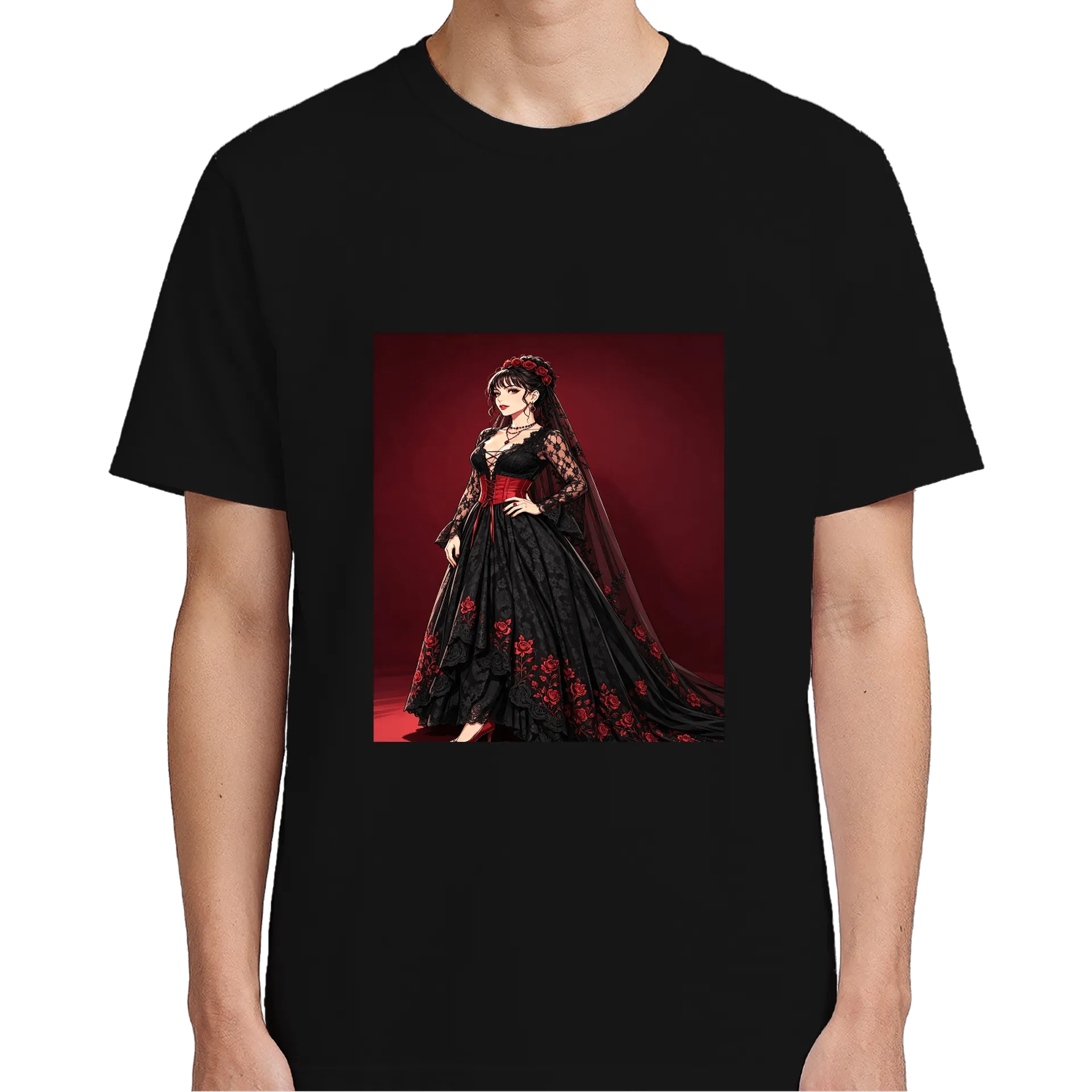 Camiseta Fantasia Negra Com Rosas Vermelhas 100% Algodão - Imagem 5