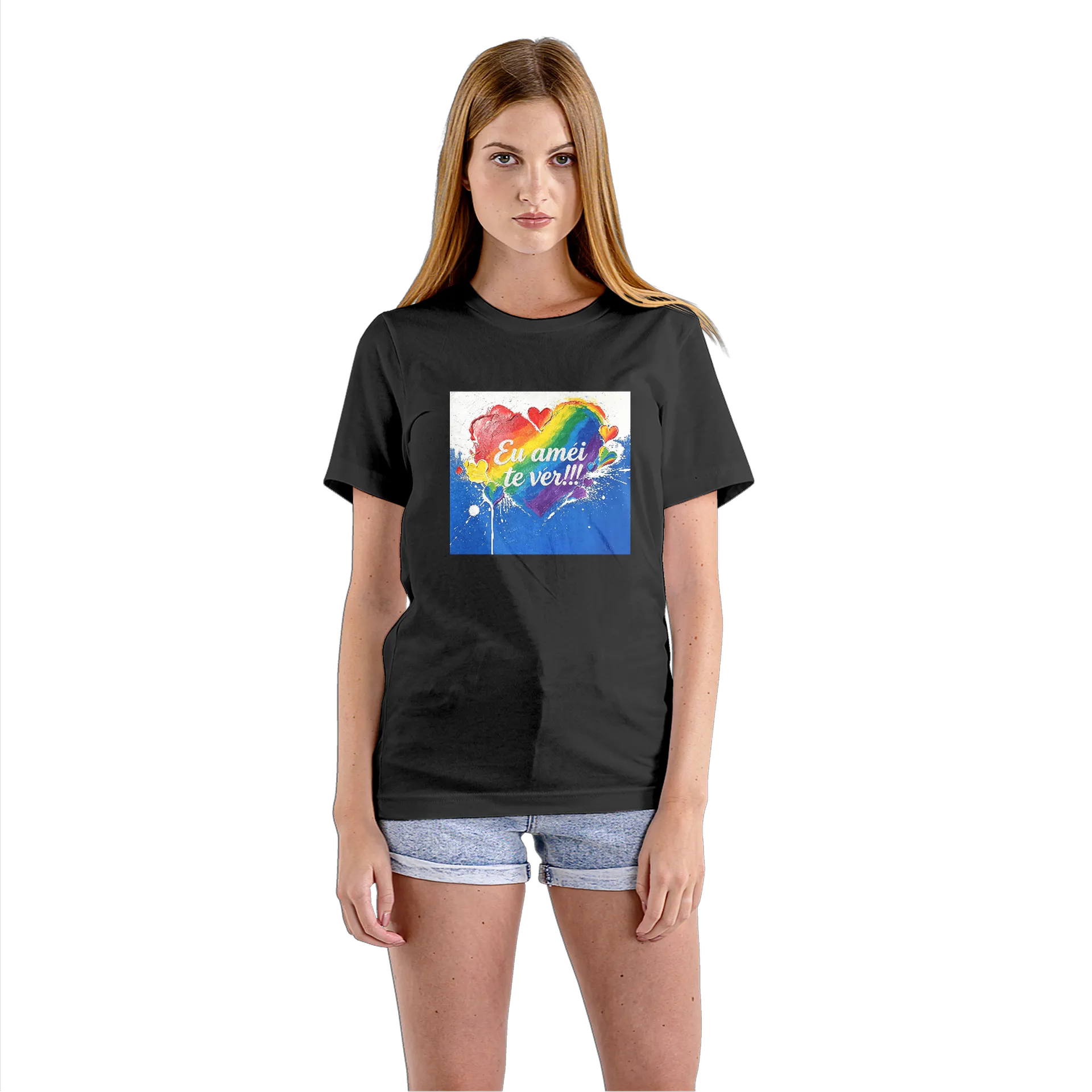 Camiseta Babylook Estampa Coração Arco-íris com Letra Eu - Imagem 3