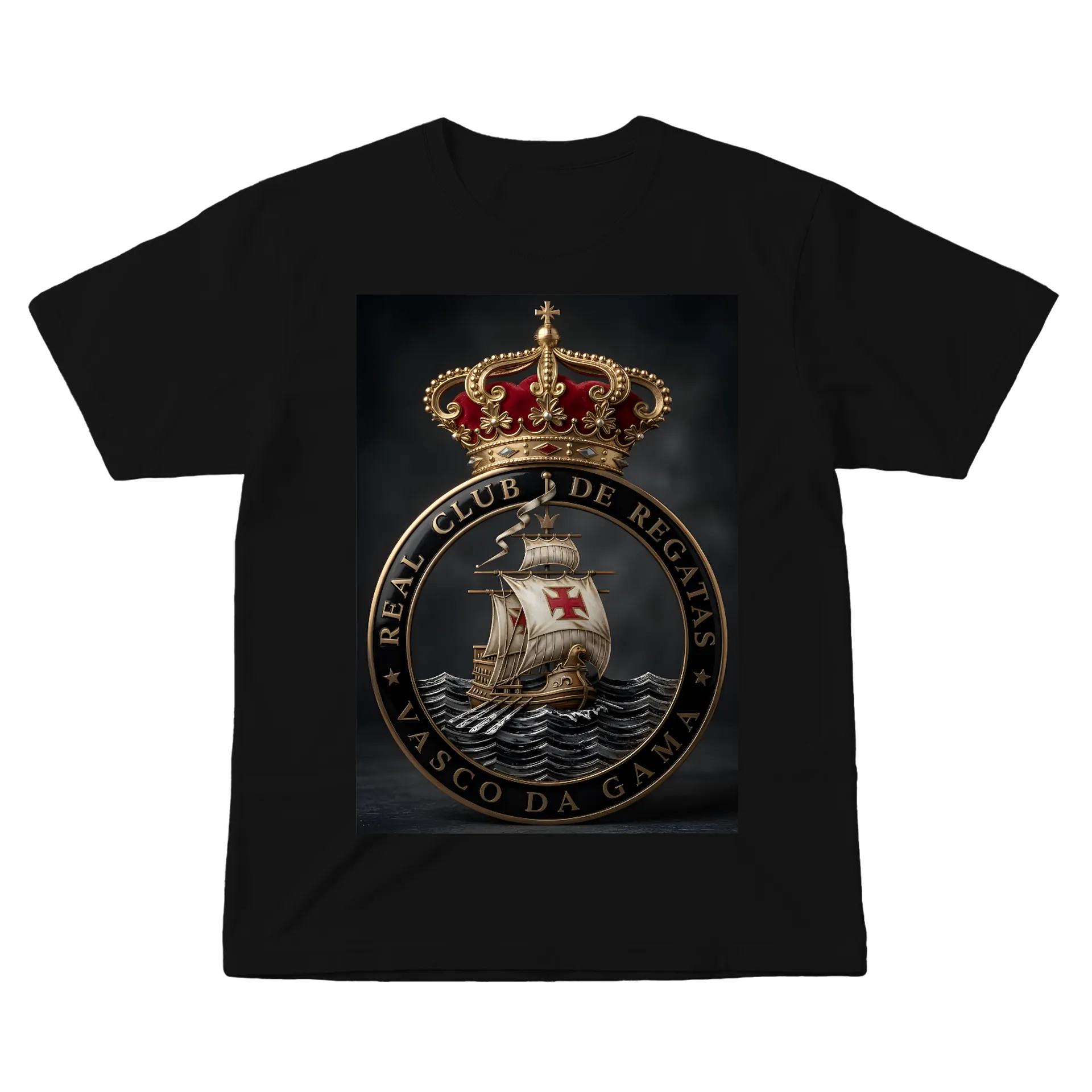 Camiseta Emblema Náutico Coroa e Navio 100% Algodão - Imagem 1
