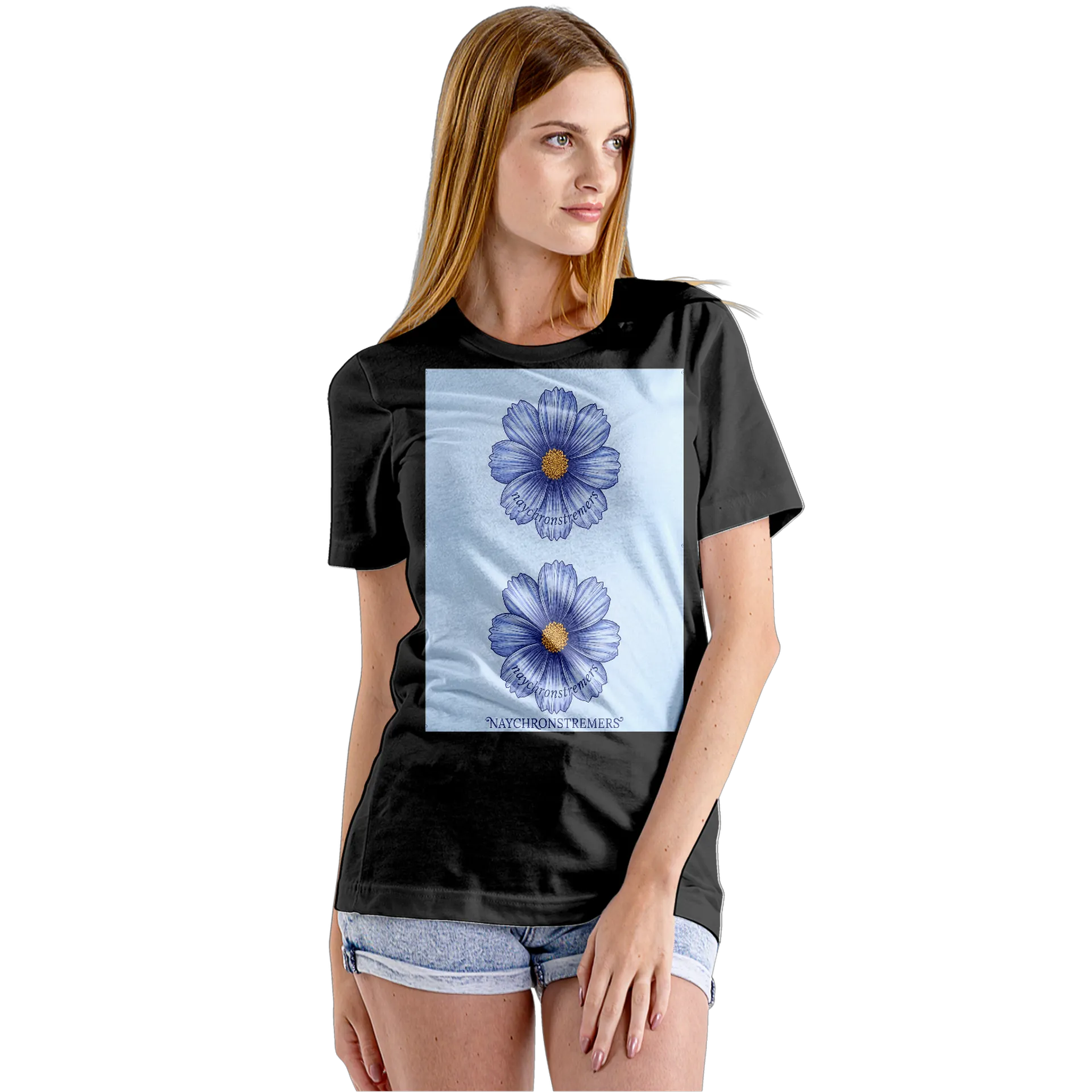 Camiseta Babylook Flor Azul com Centro Amarelo 100% Algodão - Imagem 5