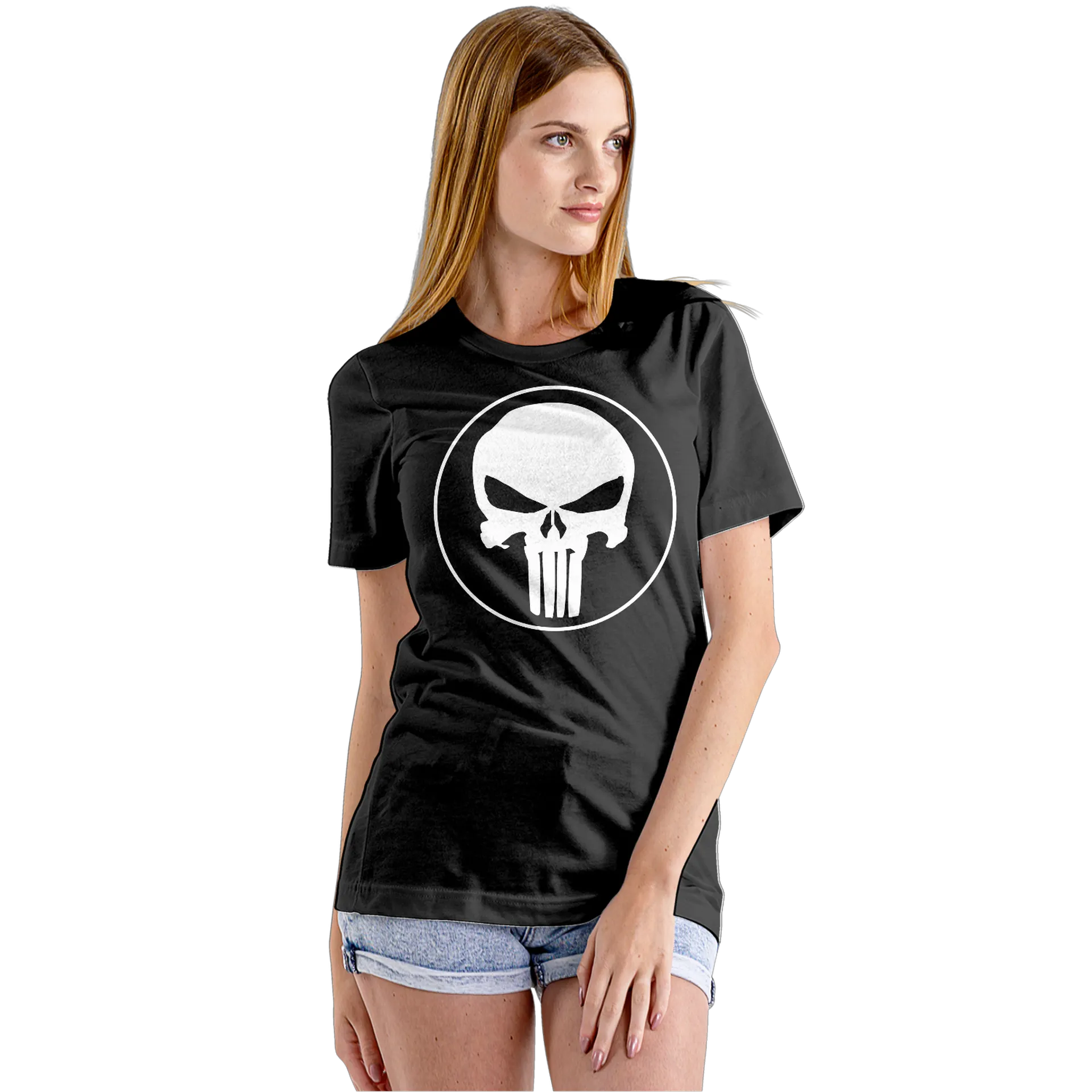 Camiseta Babylook Caveira Branca em Círculo Preto 100% - Imagem 5