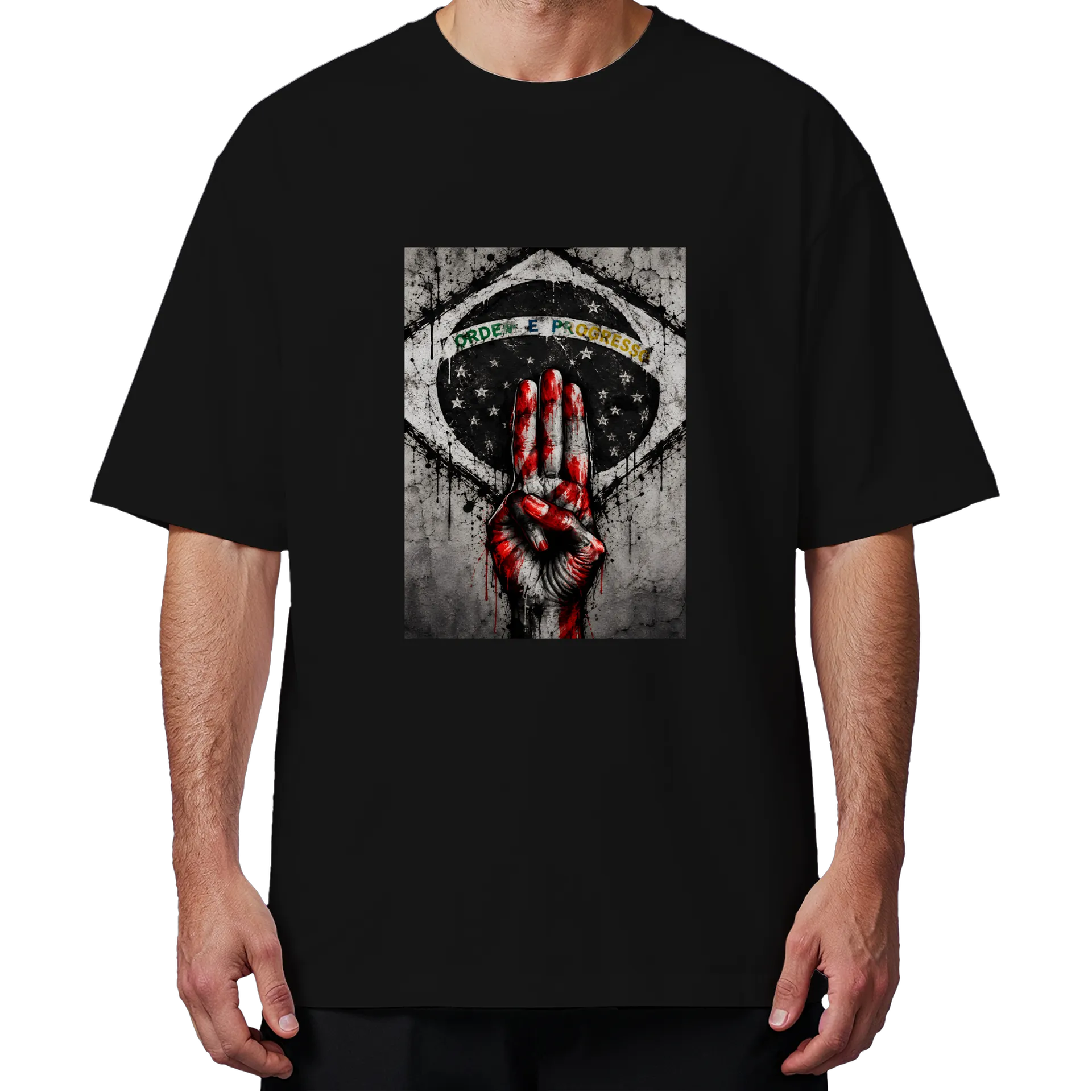 Camiseta Oversized Mão com Sinal de Paz Grunge Brasil - Imagem 4