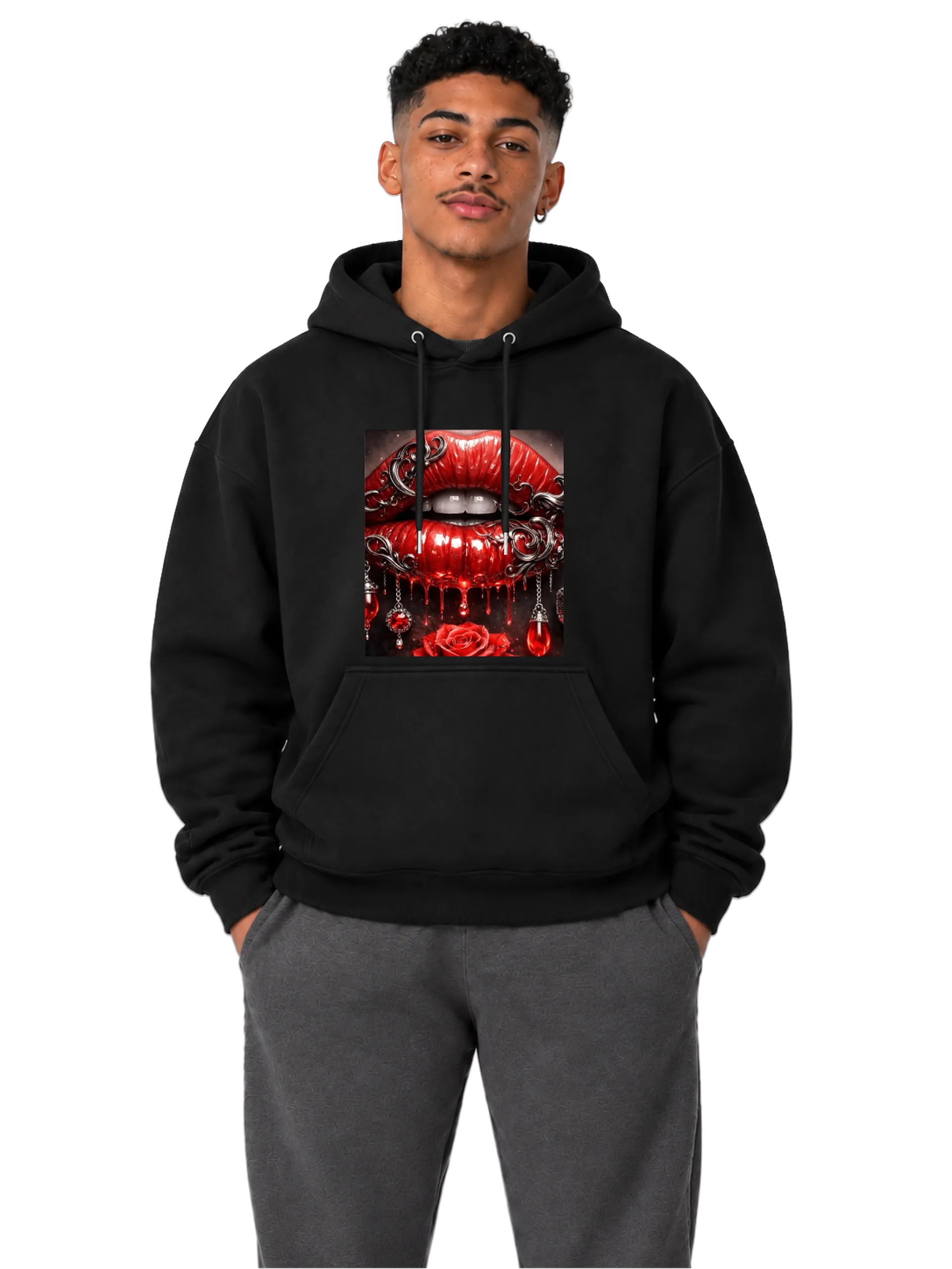 Blusa Moletom Canguru Estampa Gótica de Lábios e Garagem - Imagem 3