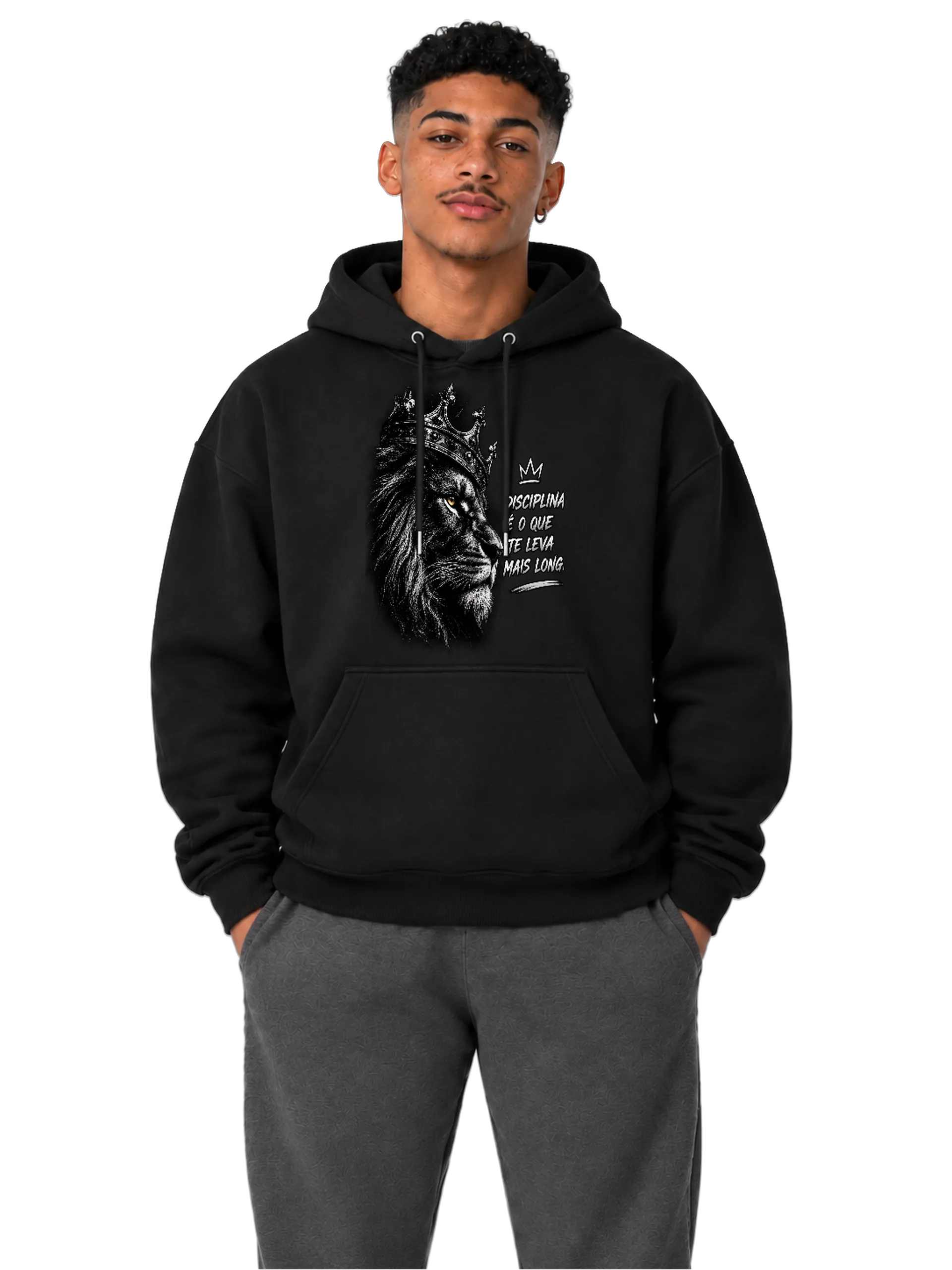 Blusa Moletom Canguru Leão Coroado Estampa Realista - Imagem 3