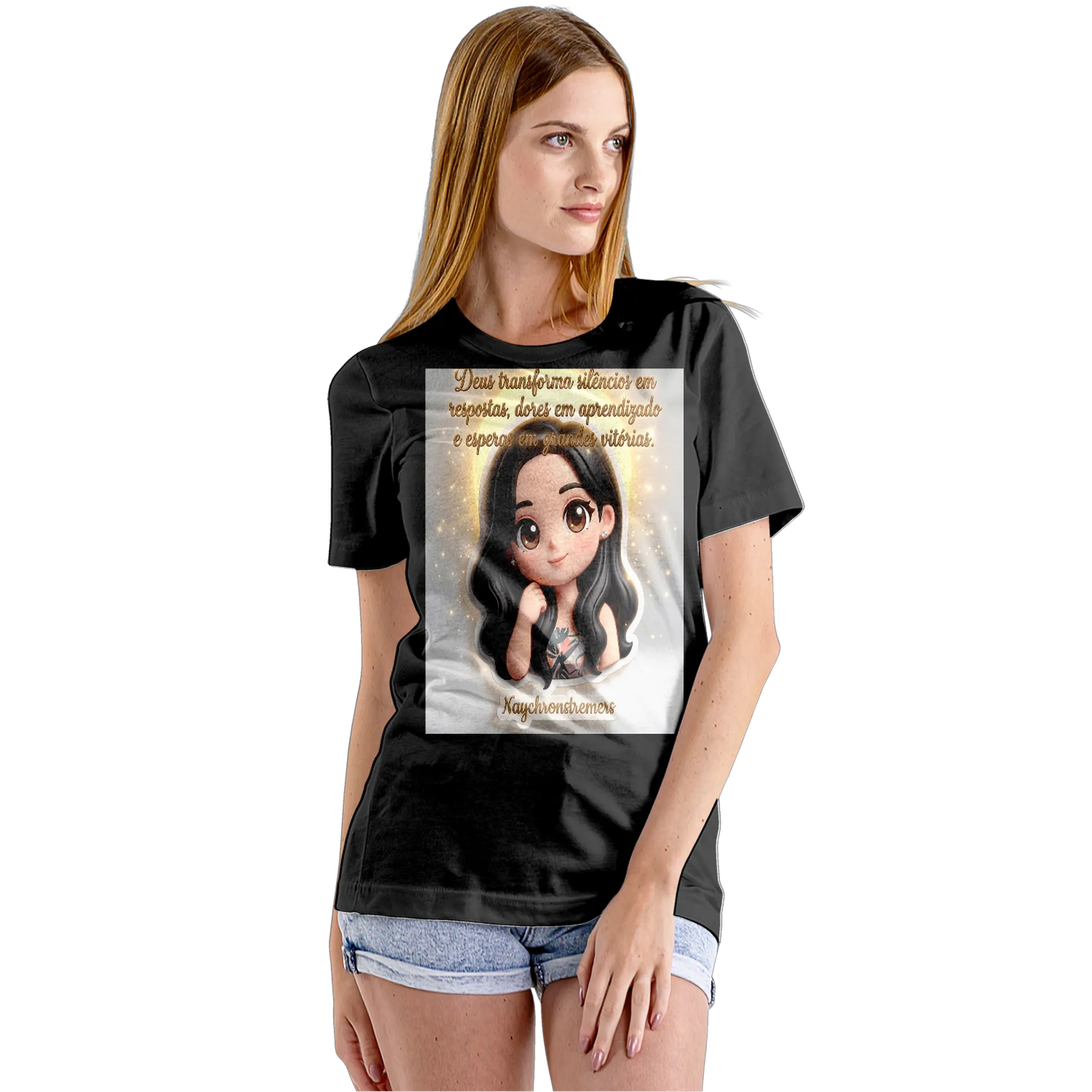 Camiseta Babylook Personagem Cartoon Cabelos Pretos 100% - Imagem 5