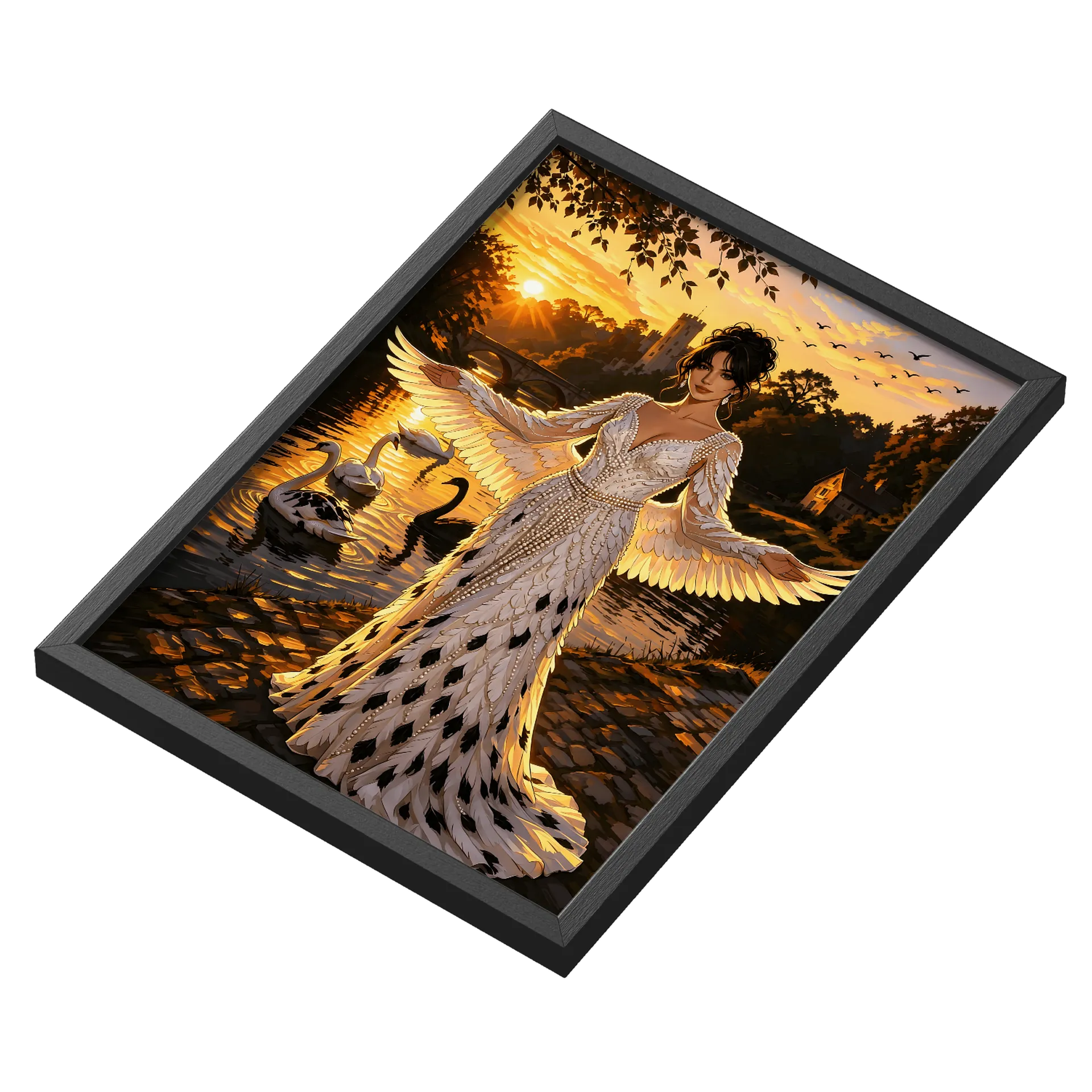 Quadro Anjo Alado Dourado Paisagem Bosque A3 com Vidro - Imagem 3