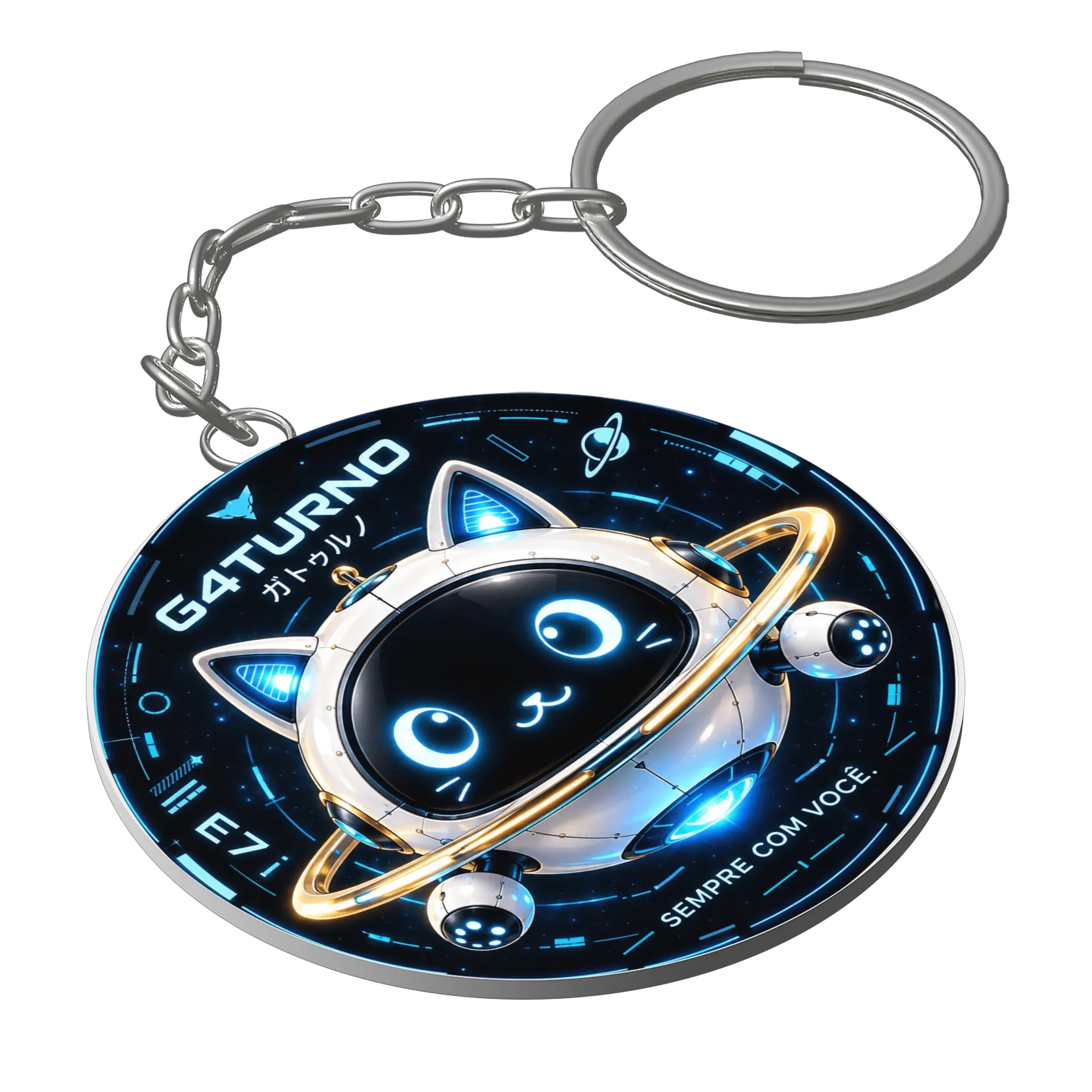 Chaveiro MDF Gato Espacial Neon Branco Azul 5x5cm - Imagem 1