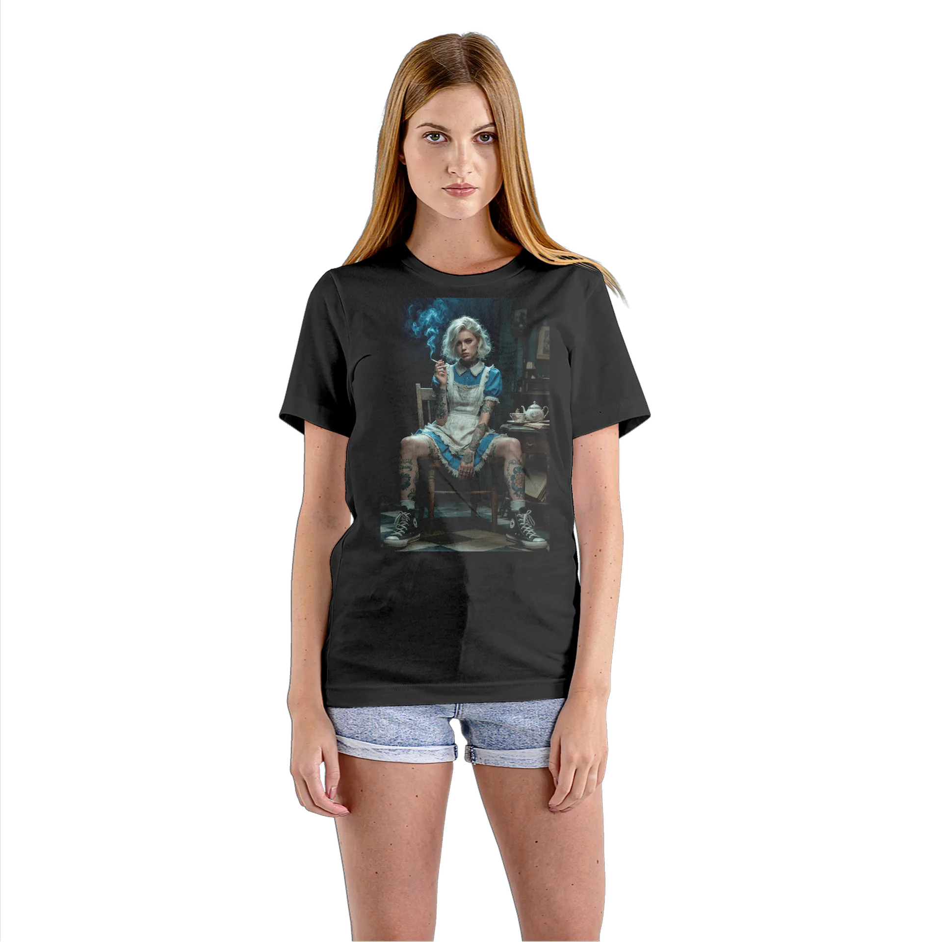 Camiseta Babylook Mulher Tattoo de Avental Azul 100% Algodão - Imagem 3