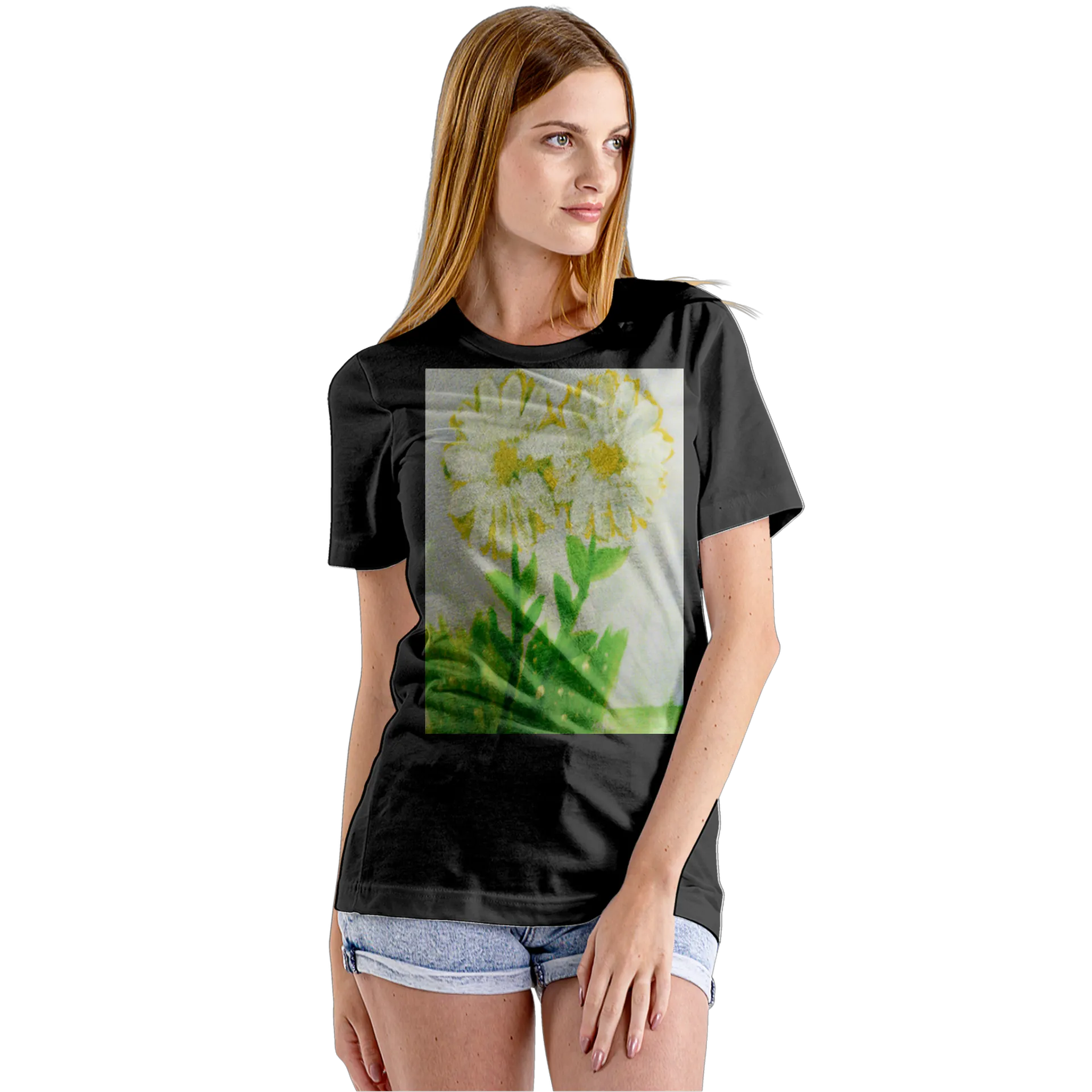 Camiseta Babylook Margaridas Brancas e Folhas Verdes 100% - Imagem 5