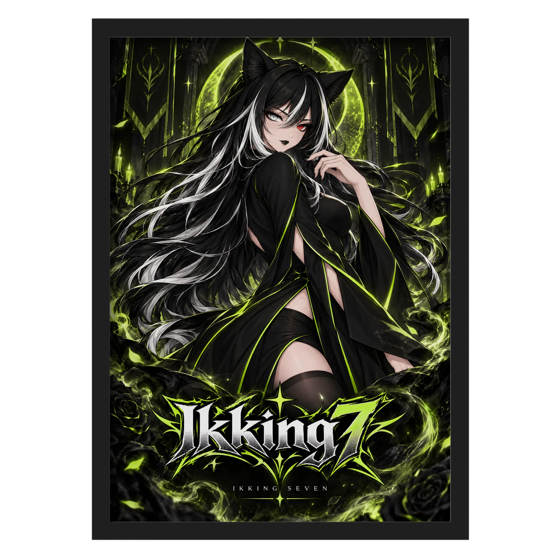 Quadro Gata Anime Logo Ikking 7 Verde Neon A3 Com Vidro de IkkingSeven — imagem 1 de 3