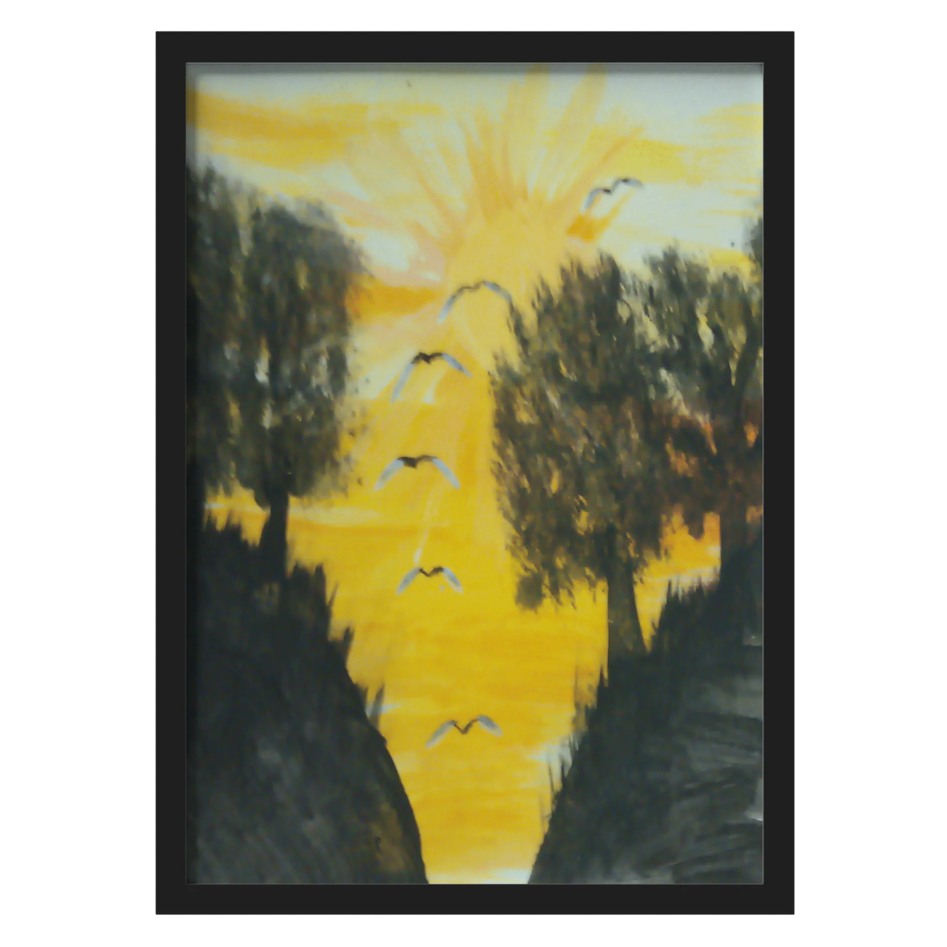 Quadro Paisagem Pintada Árvores e Pássaros A3 com Vidro - Imagem 1