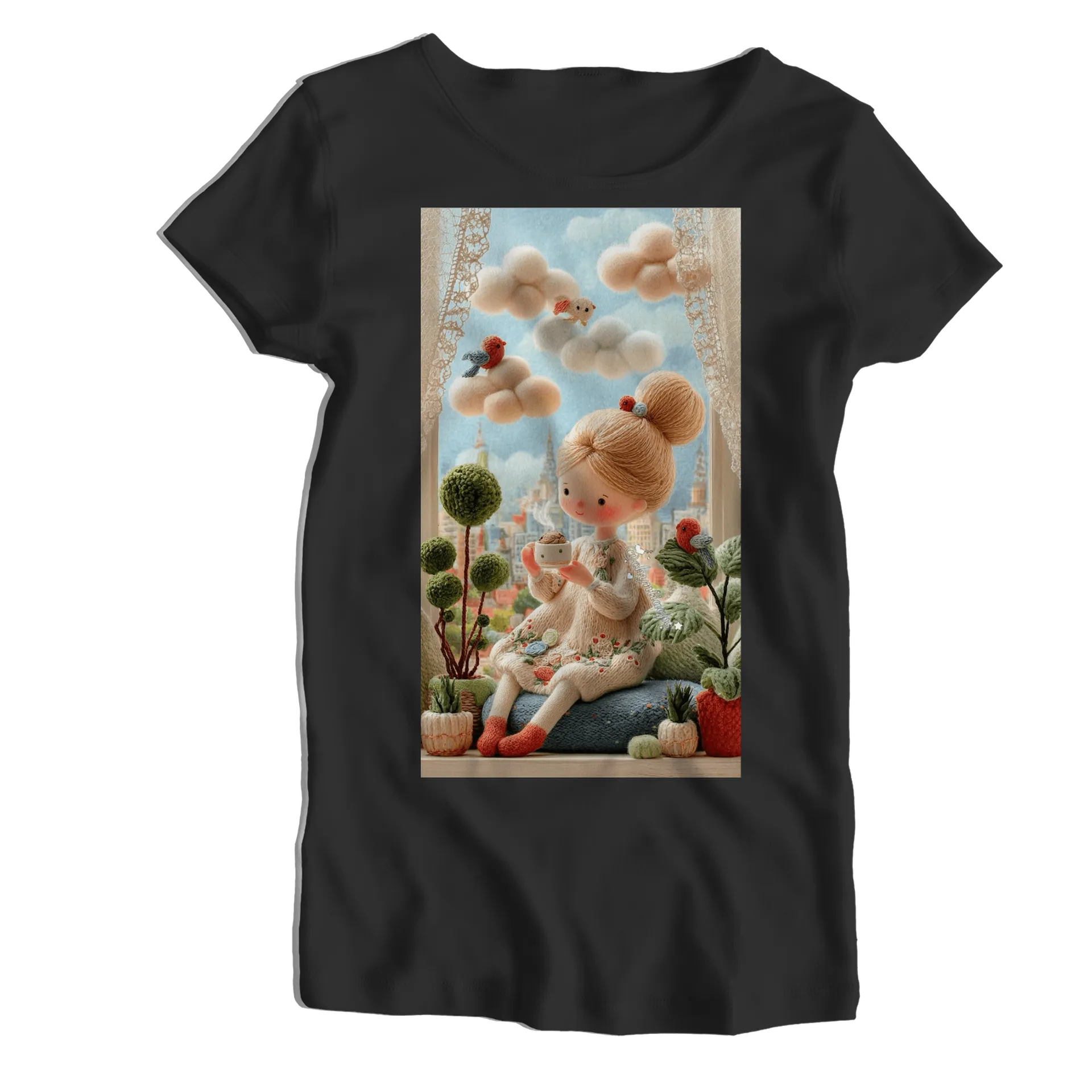 Camiseta Babylook Boneca de Lã com Pássaros 100% Algodão - Imagem 1
