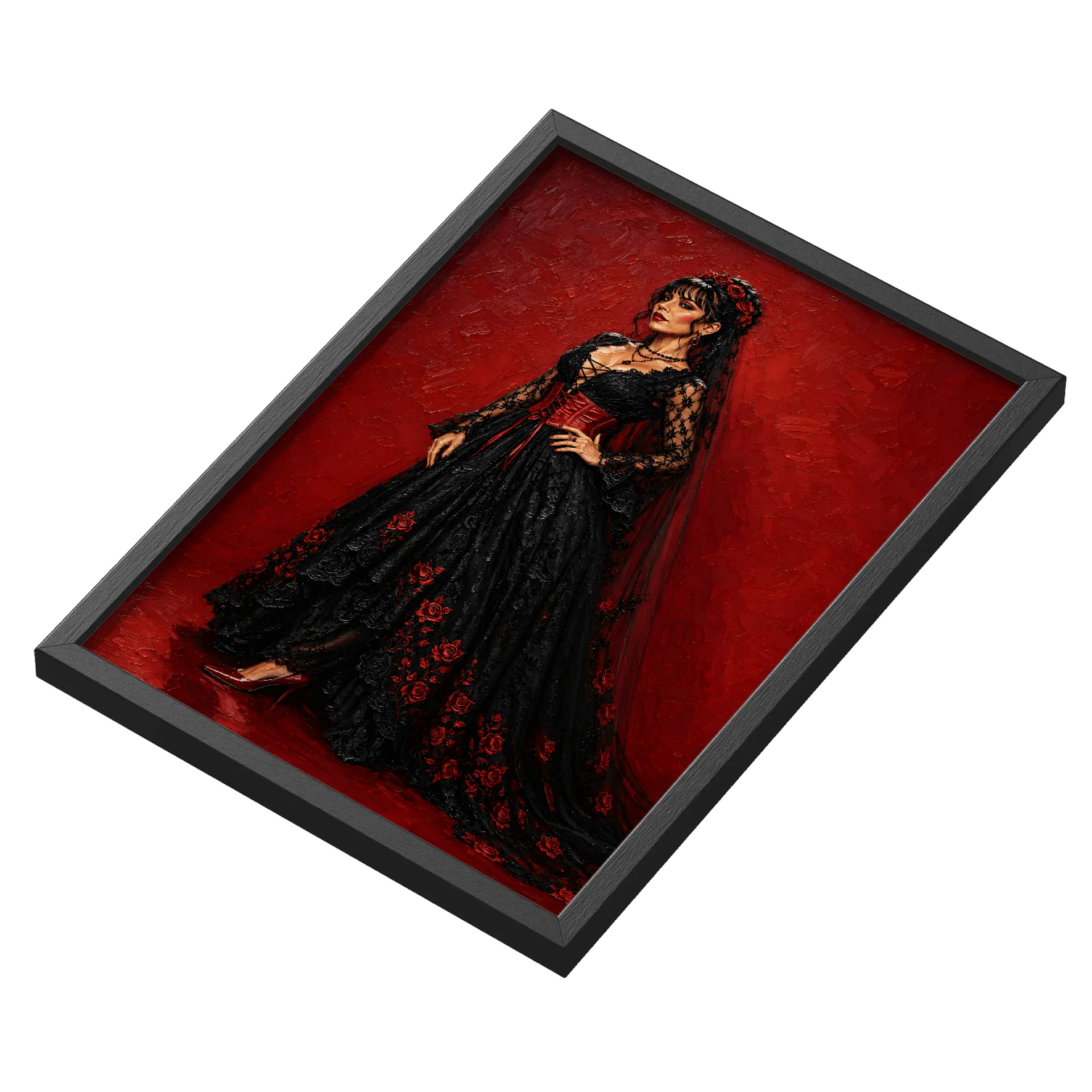 Quadro Mulher Gothic Flores Vermelhas A3 MDF e Vidro - Imagem 3