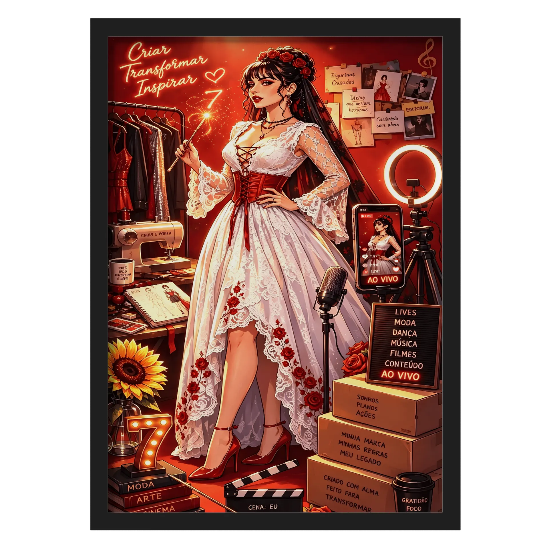 Quadro Ilustracao Moda Bridal Vermelho A3 com Vidro - Imagem 1