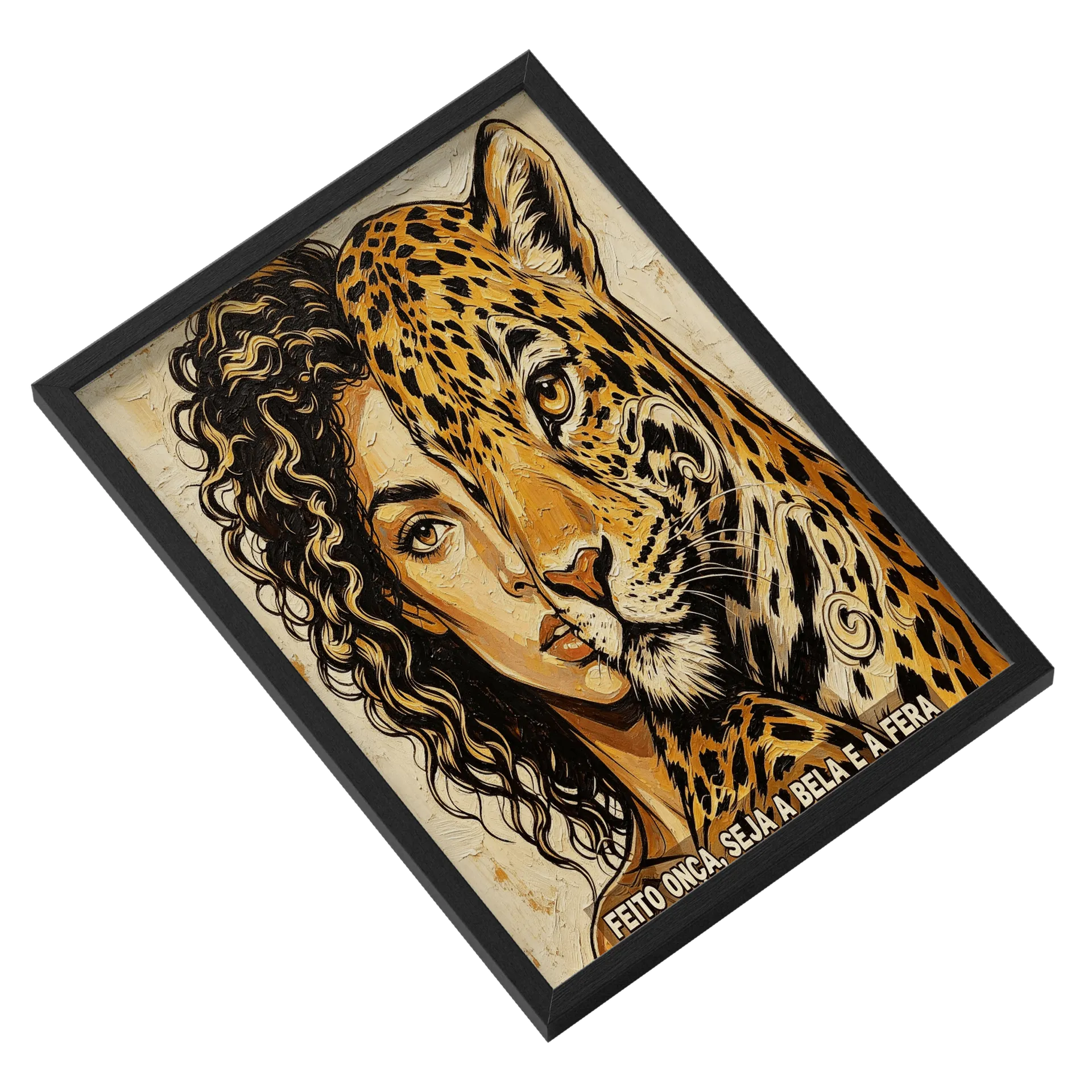 Quadro Retrato Leoa Amarela e Mulher Cabelos Cacheados A3 - Imagem 2