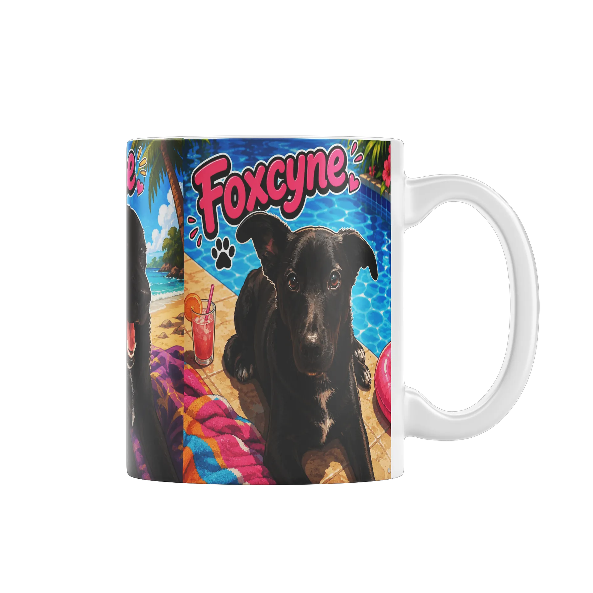 Caneca Porcelana Cão Preto Praia 325ml - Imagem 1