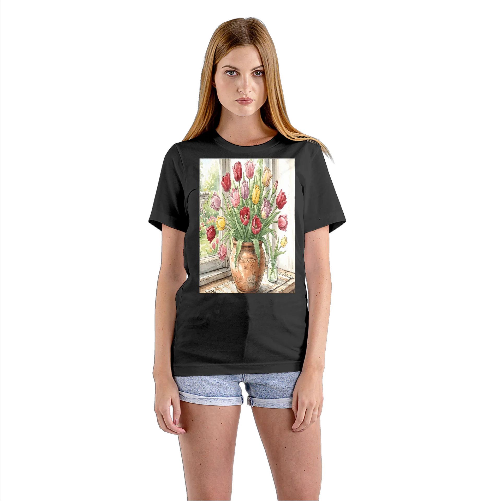 Camiseta Babylook Buquê de Tulipas em Aquarela 100% Algodão - Imagem 3