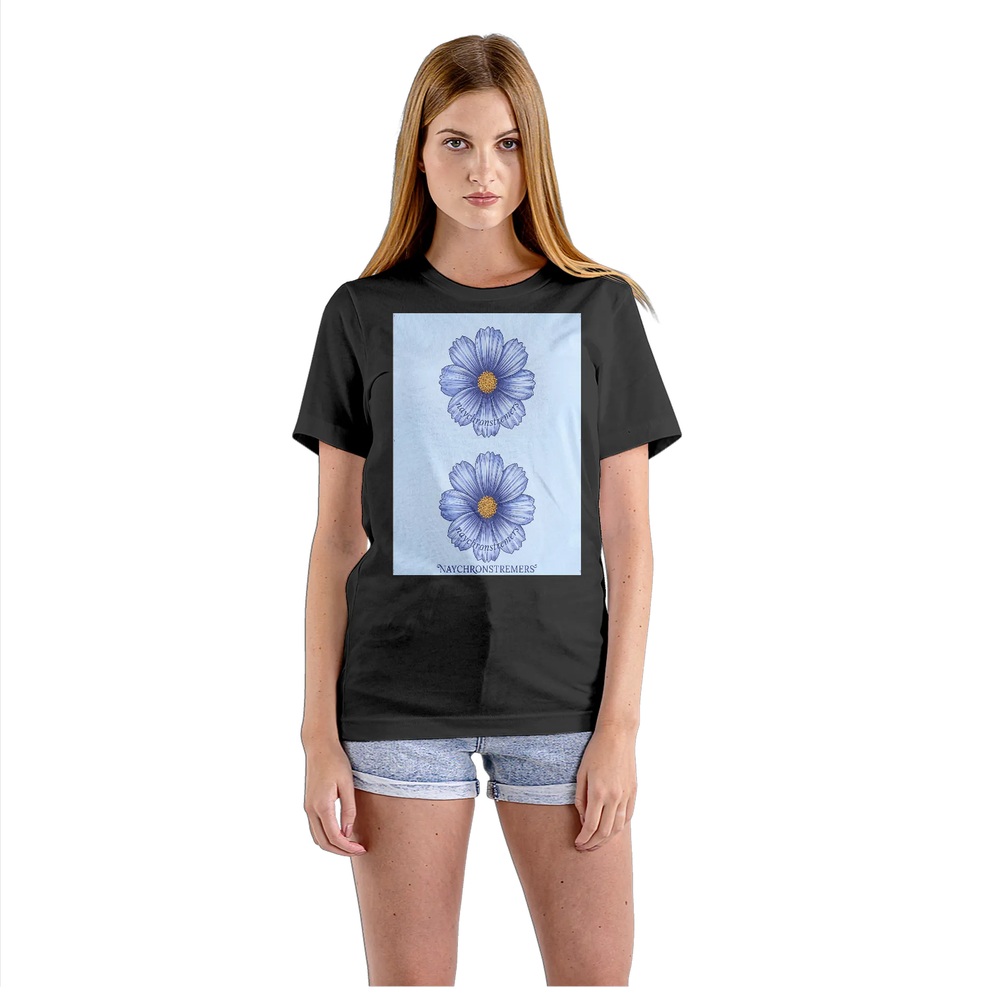 Camiseta Babylook Flor Azul com Centro Amarelo 100% Algodão - Imagem 3