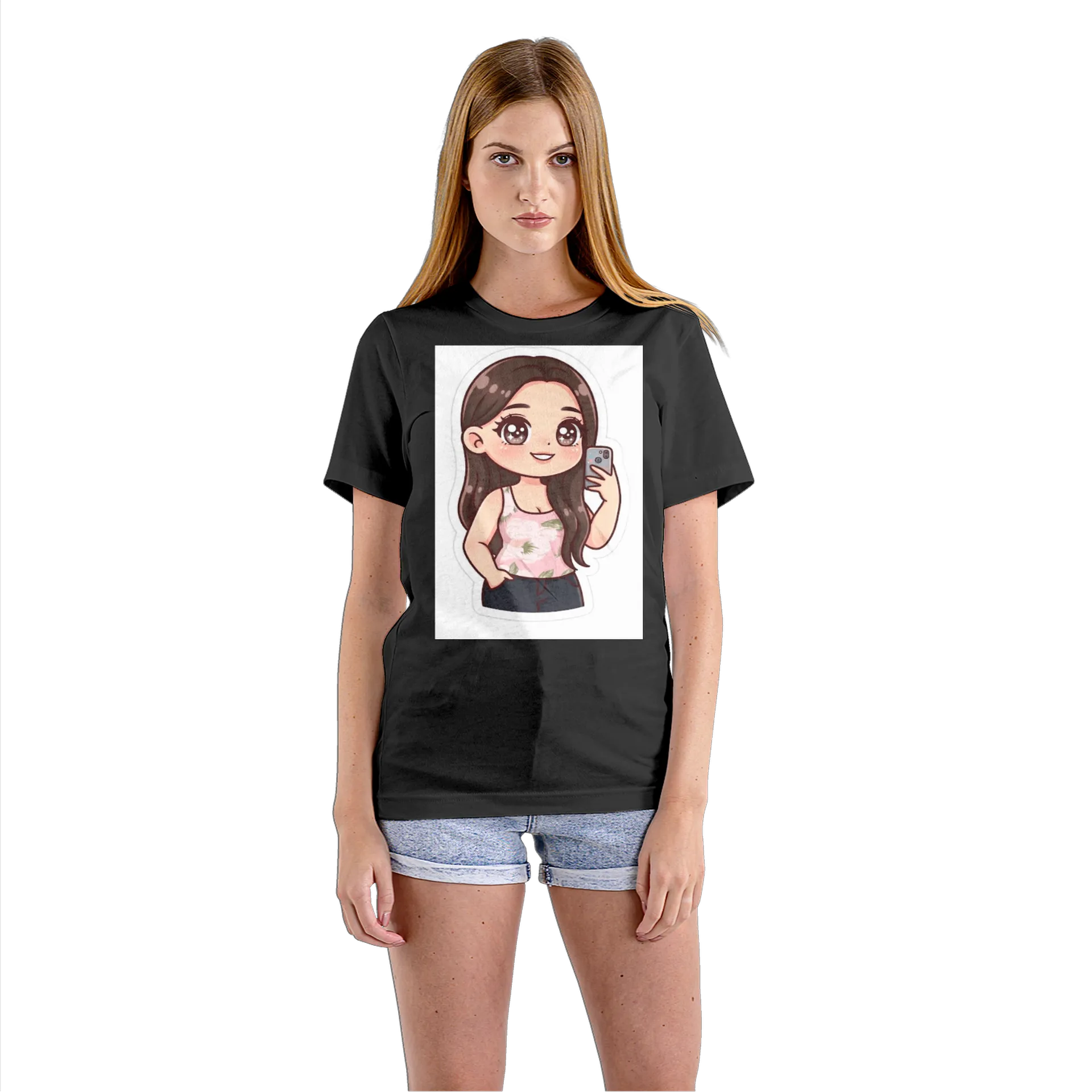 Camiseta Babylook Garota Cartoon com Celular 100% Algodão - Imagem 3