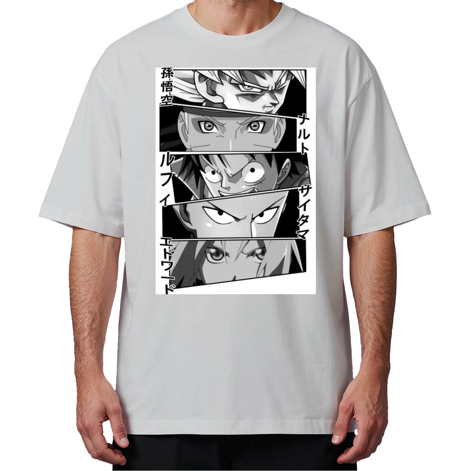 Camiseta Oversized Estampa Personagens Anime Preto e Branco - Imagem 4