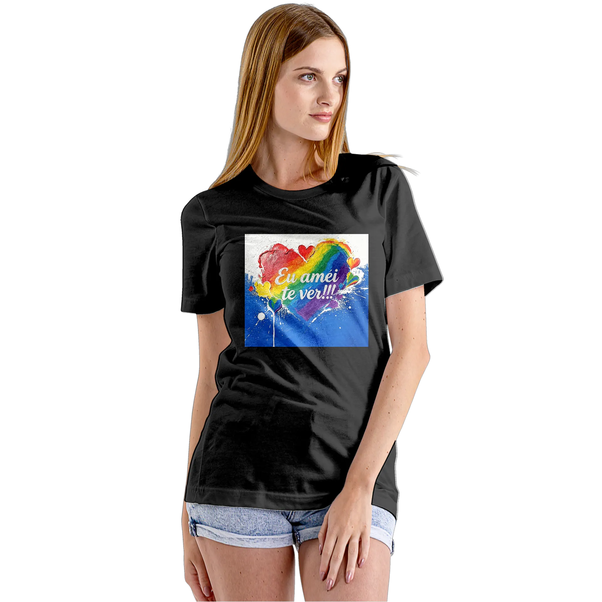 Camiseta Babylook Estampa Coração Arco-íris com Letra Eu - Imagem 5