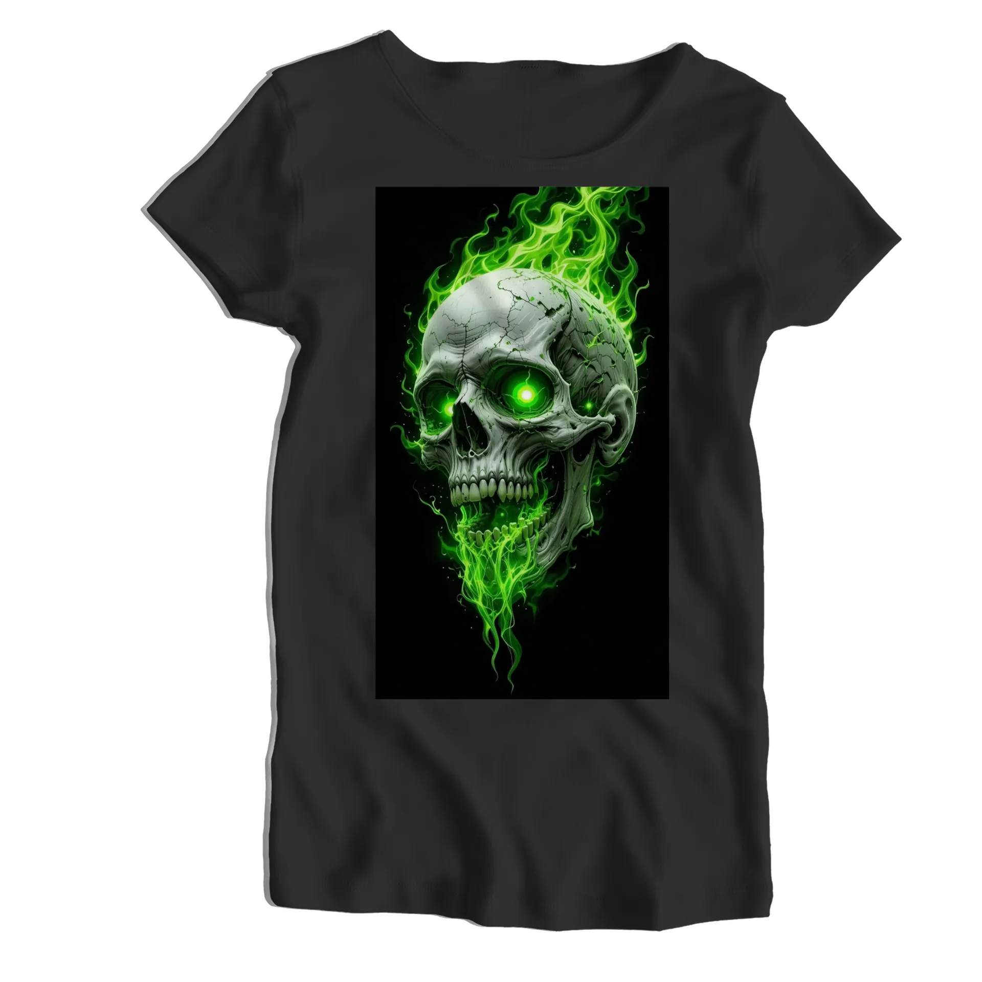 Camiseta Babylook Caveira com Chamas Verdes 100% Algodão - Imagem 1