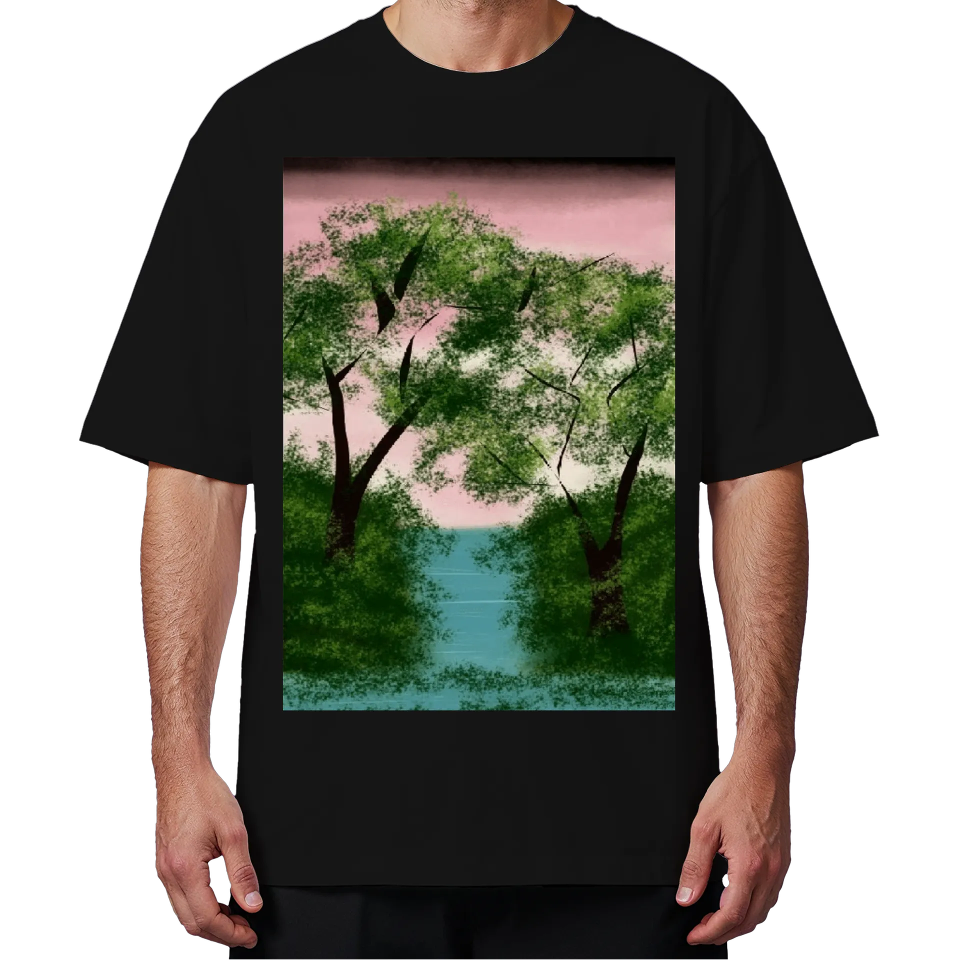 Camiseta Oversized Paisagem de Floresta com Lago Retrô - Imagem 4