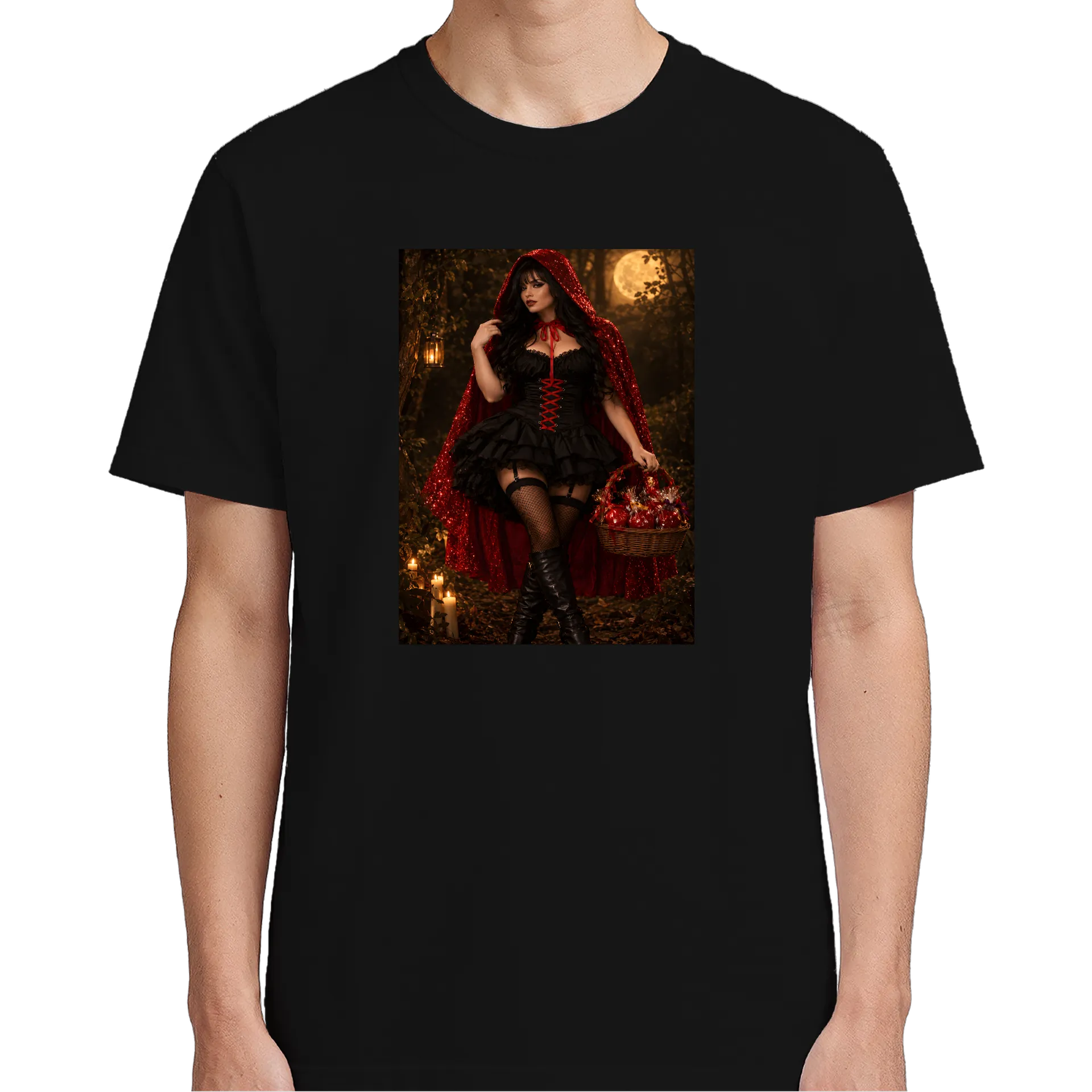 Camiseta Mulher de Capa Vermelha na Floresta 100% Algodão - Imagem 3