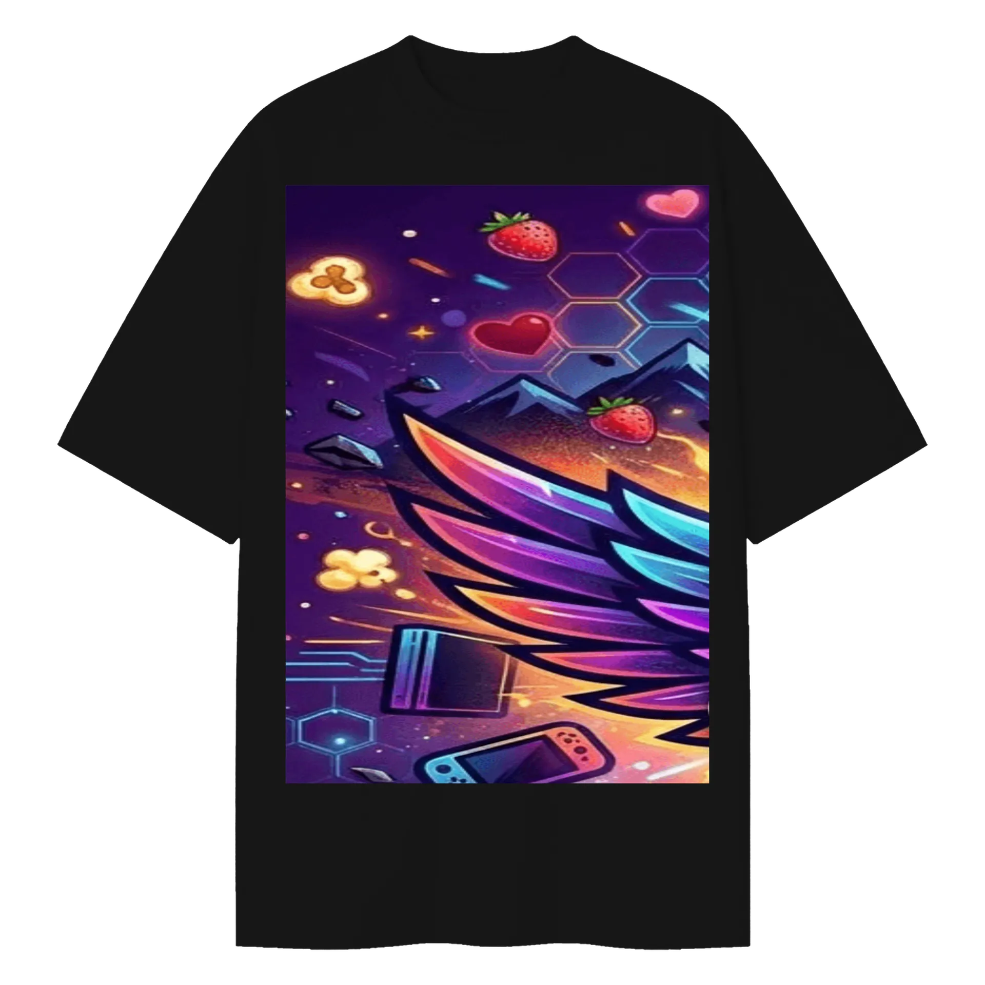 Camiseta Oversized Controle de Videogame Morangos Roxos e - Imagem 1