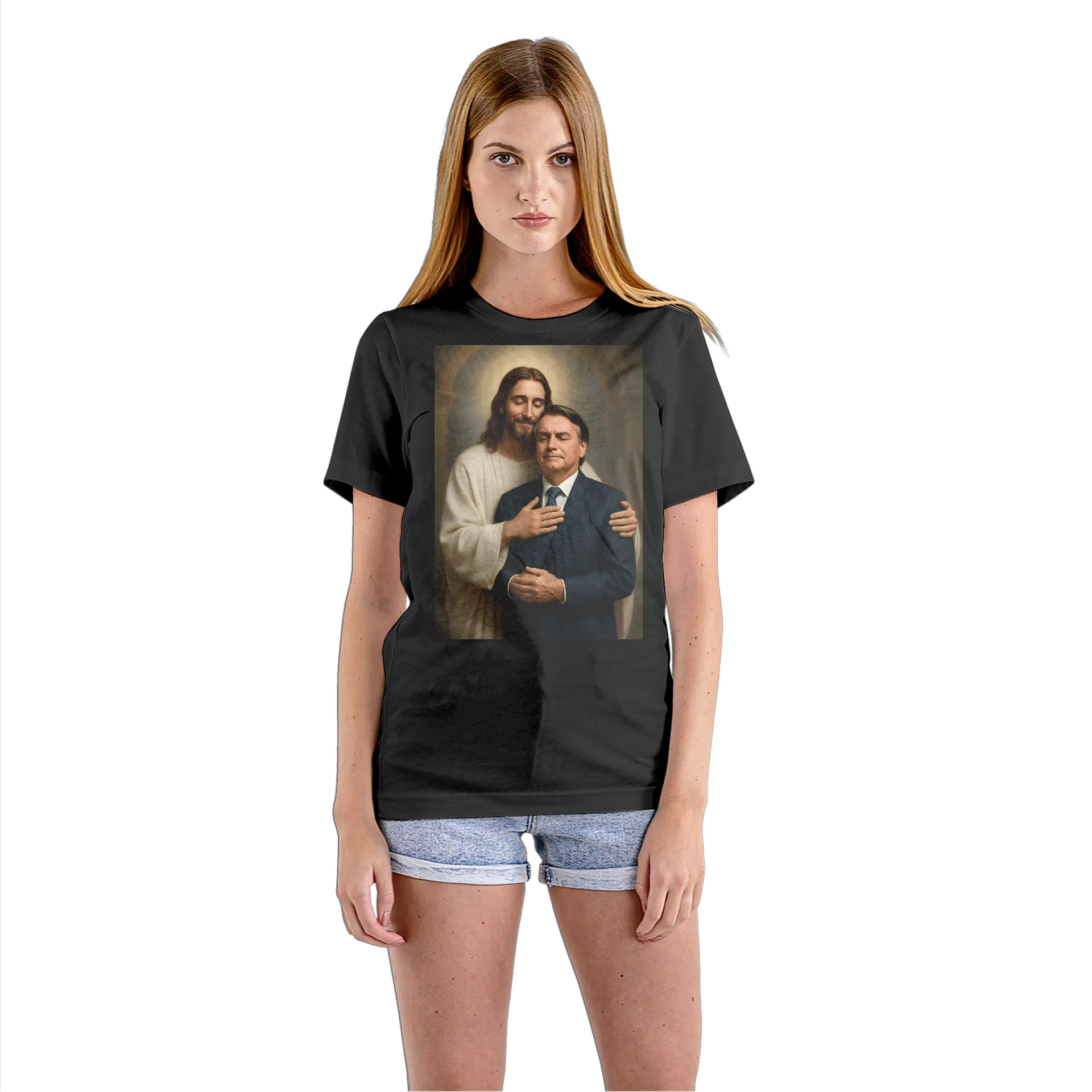 Camiseta Babylook Jesus Abraçando Homem de Terno 100% - Imagem 2