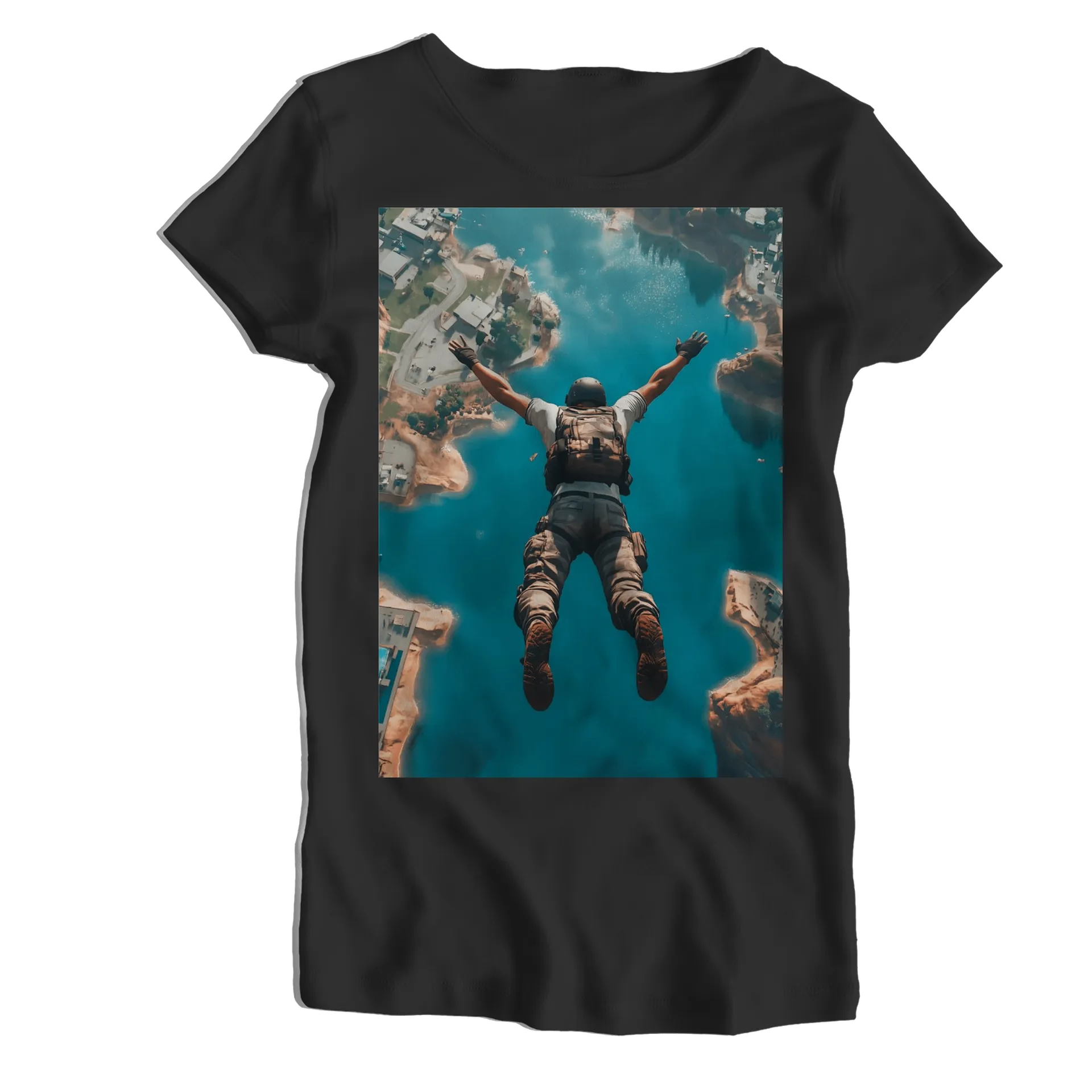 Camiseta Babylook Paraquedista Sobre Lago Azul 100% Algodão - Imagem 1