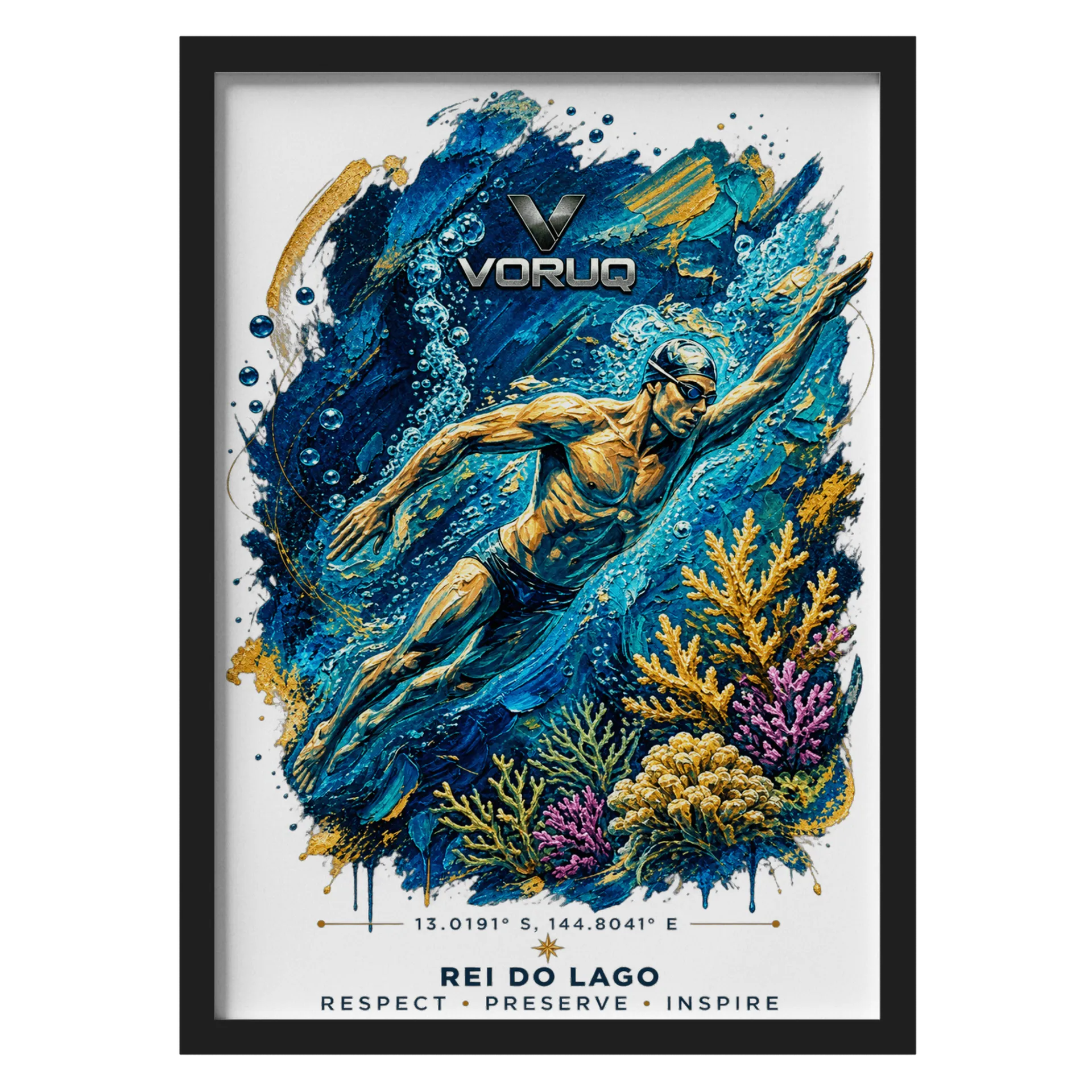 Quadro Nadador Subaquático Arte Azul e Dourada A3 de VORUQ — imagem 1 de 3