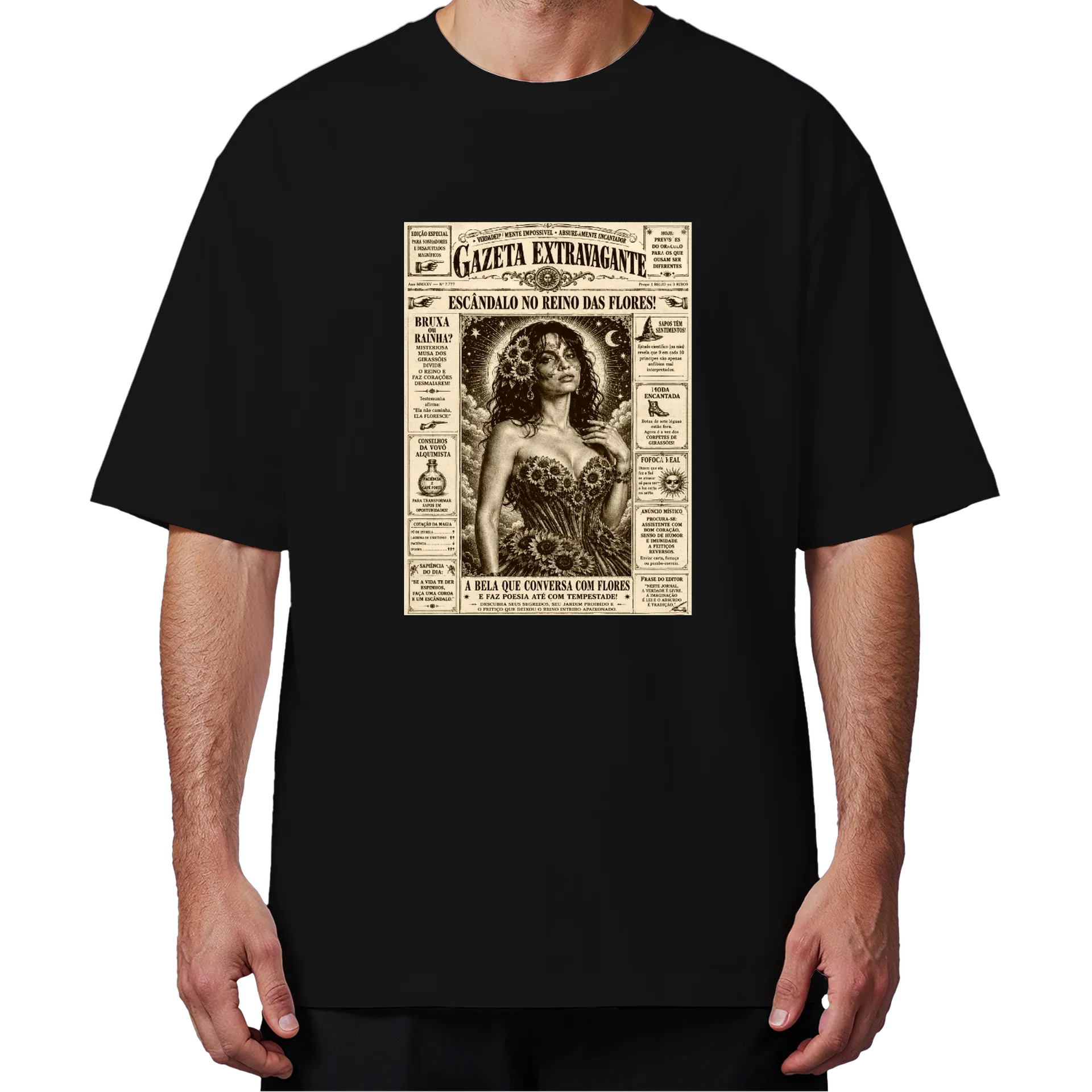 Camiseta Oversized Estampa Jornal Vintage Preto 100% Algodão - Imagem 4