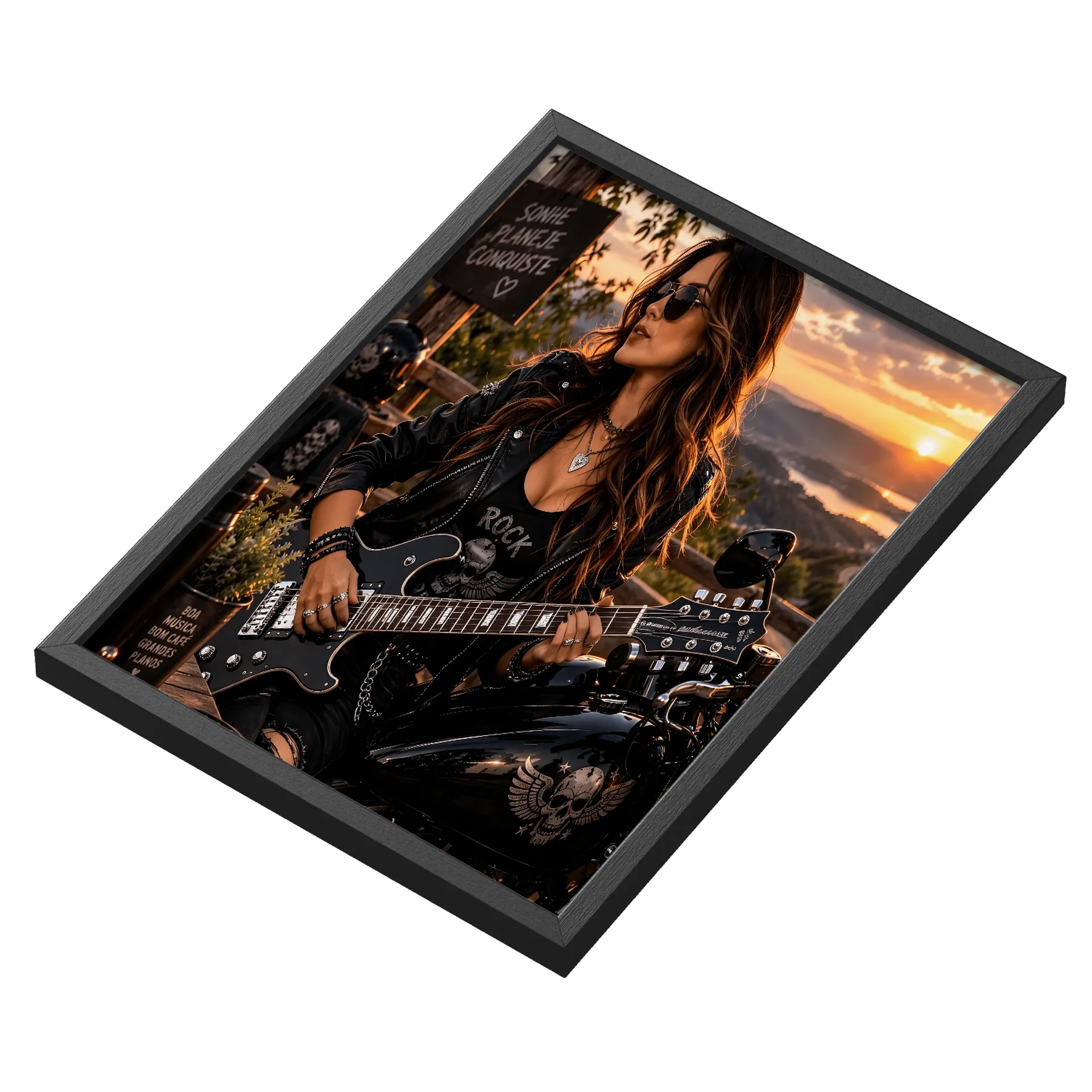 Quadro A3 Rock com Guitarra e Motocicleta ao Pôr do Sol - Imagem 3