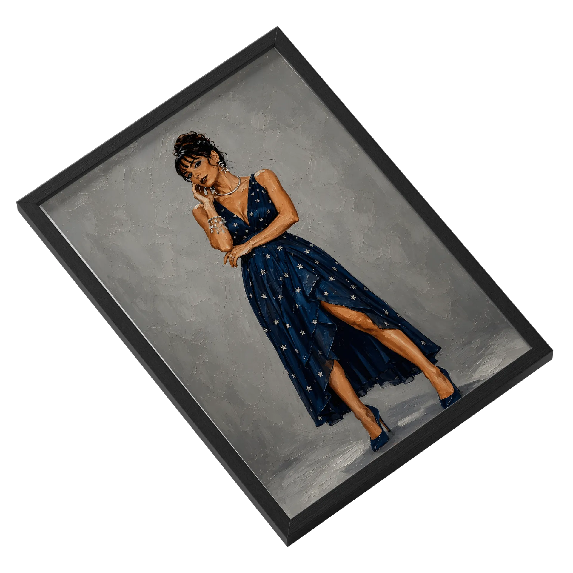 Quadro Mulher Vestido Azul Estrelas A3 MDF Vidro - Imagem 2