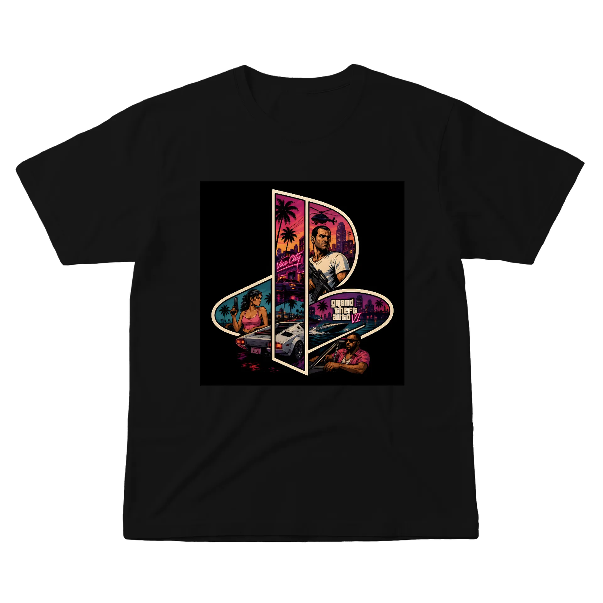 Camiseta Grand Theft Auto VI Arte Cartoon 100% Algodão - Imagem 1