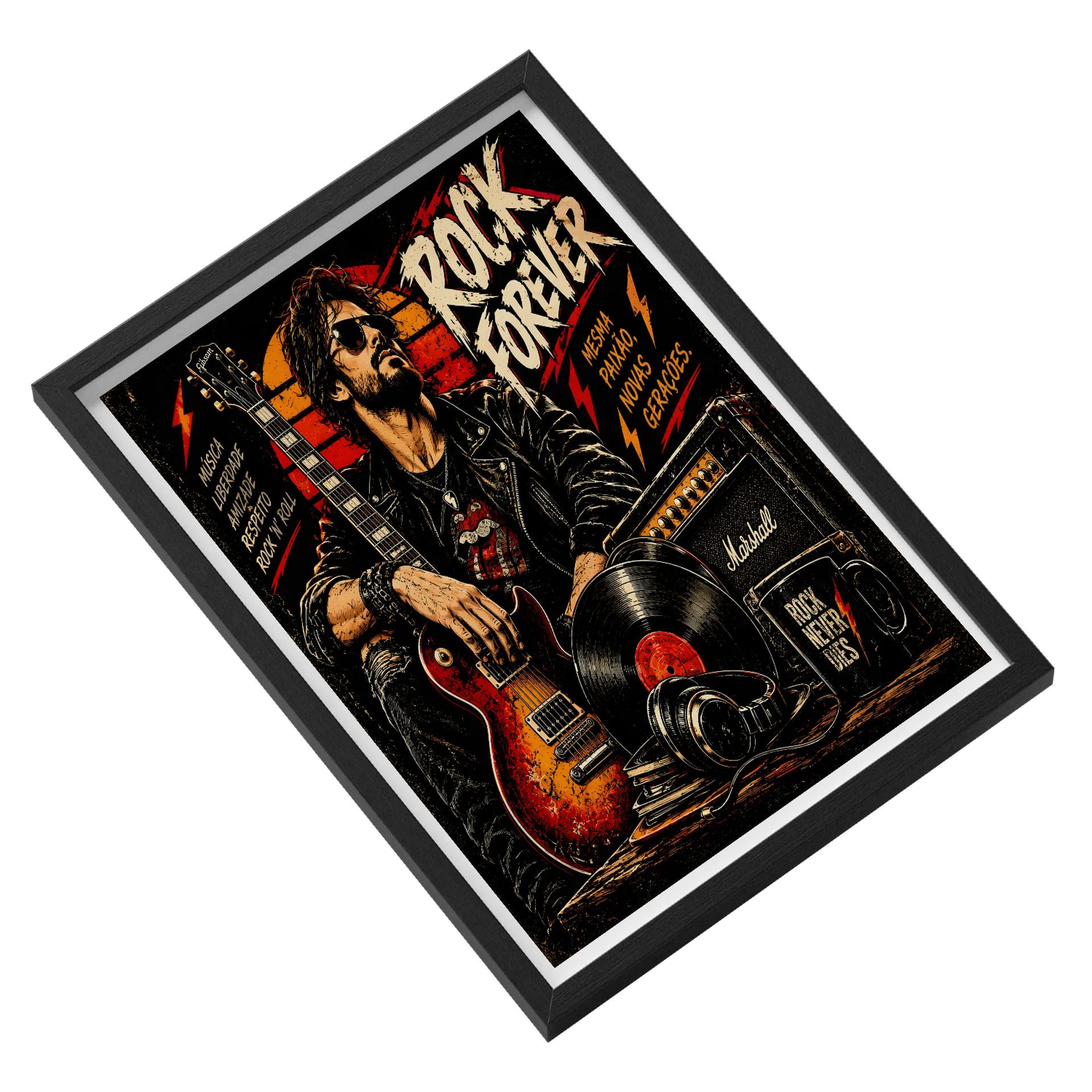 Quadro Rock Never Dies Estilo Grunge Preto e Vermelho A3 - Imagem 2