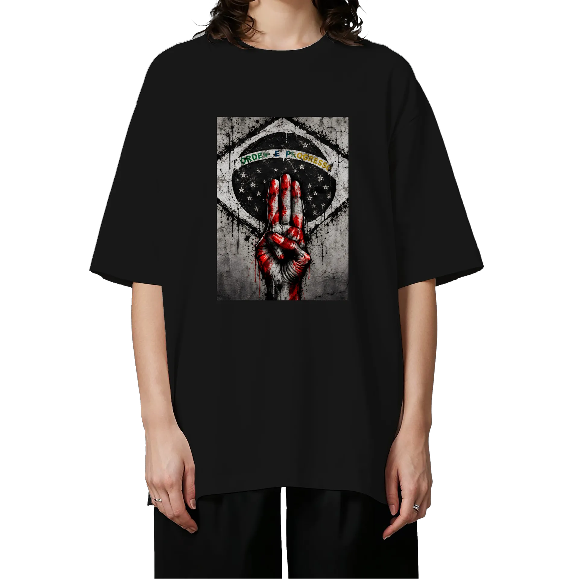 Camiseta Oversized Mão com Sinal de Paz Grunge Brasil - Imagem 3