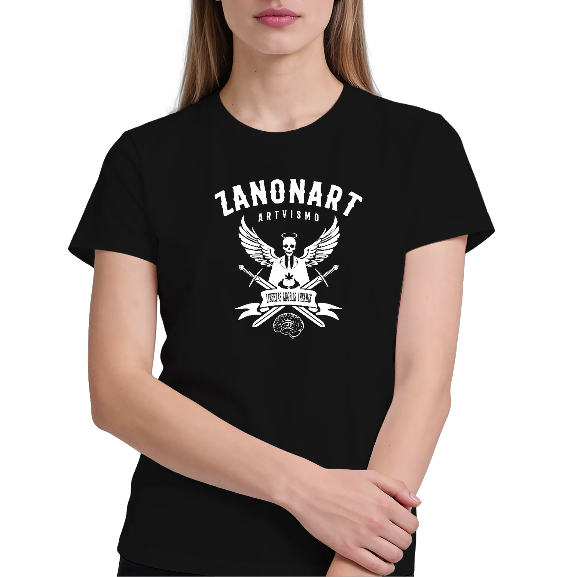 Camiseta Estampa Skull com Asas 100% Algodão Preto - Imagem 4