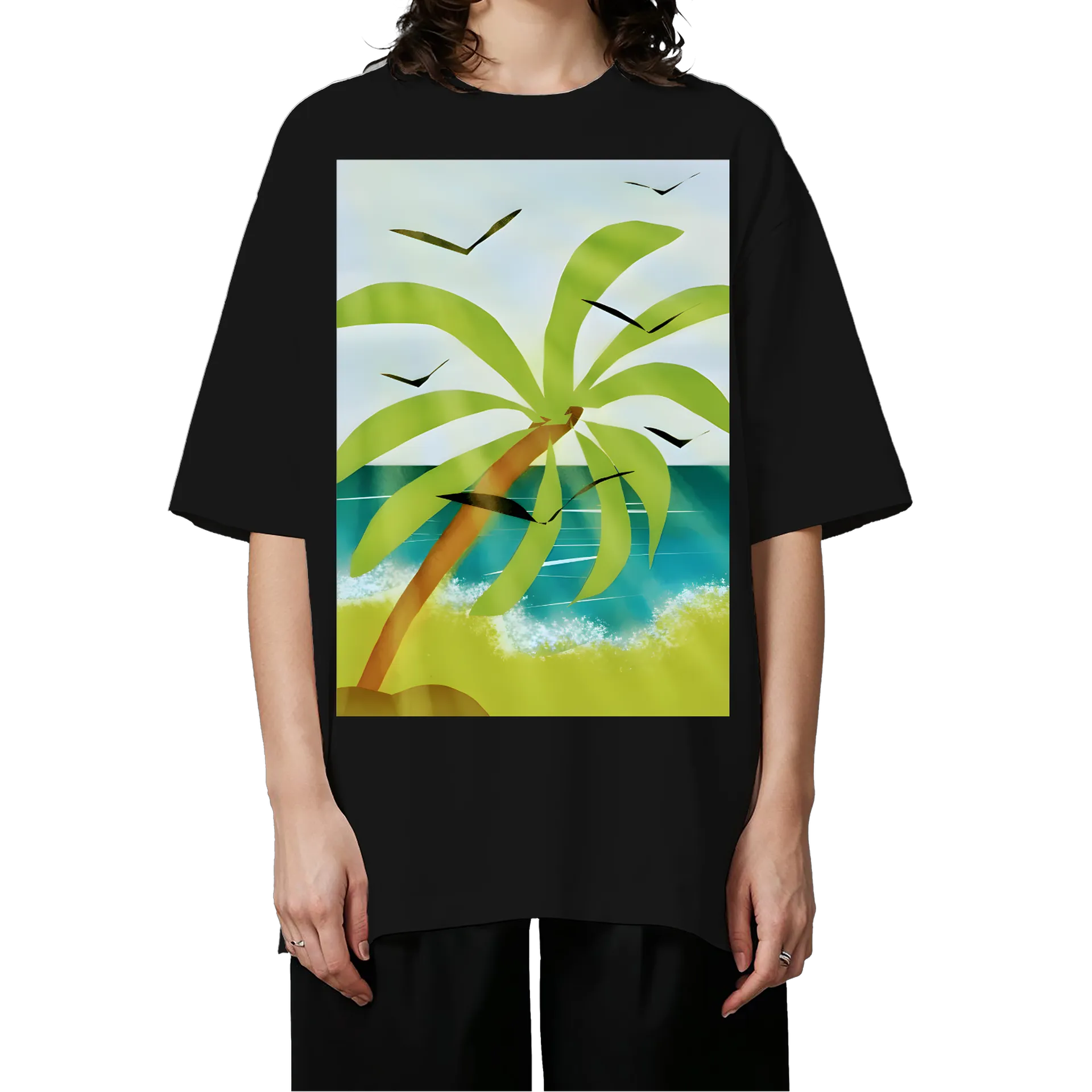 Camiseta Oversized Palmeira Tropical Praia Ilustrada 50% - Imagem 3