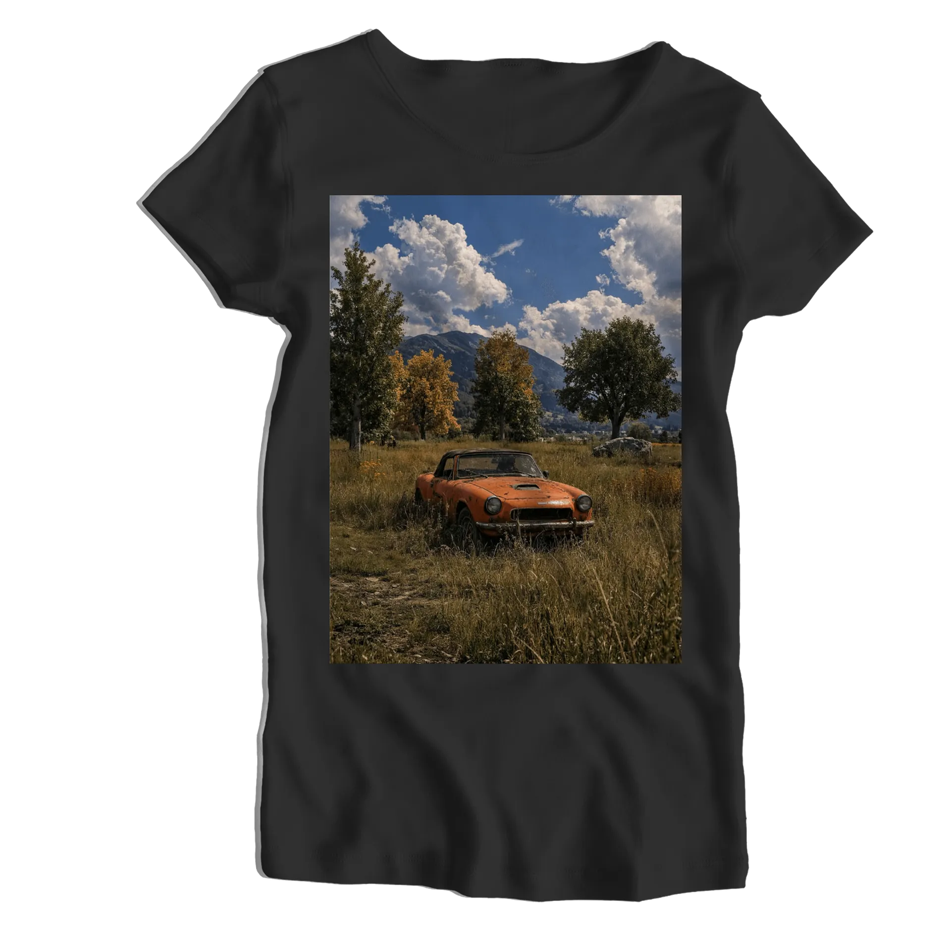 Camiseta Babylook Carro Clássico Laranja Paisagem 100% - Imagem 1