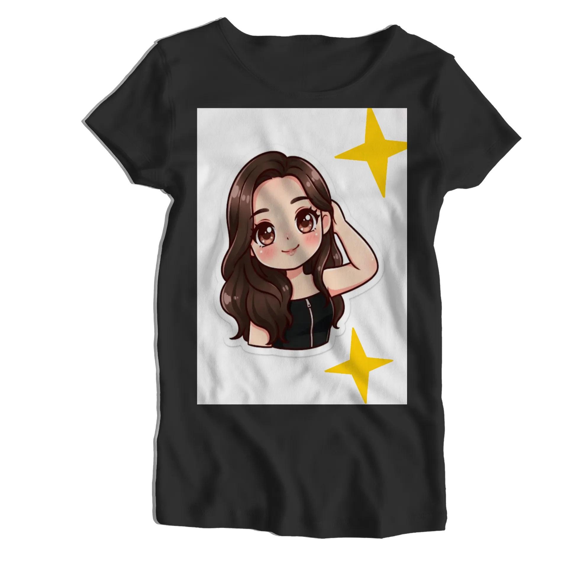 Camiseta Babylook Garota Cartoon Cabelo Castanho 100% - Imagem 1