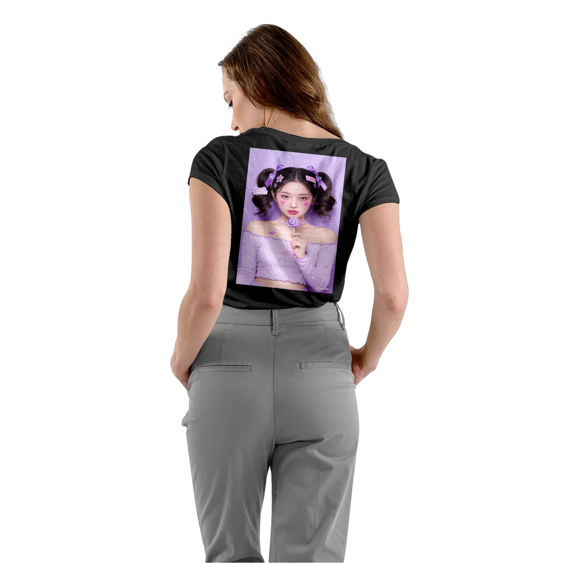 Camiseta Babylook Retrato Pop Laços Roxos 100% Algodão - Imagem 4