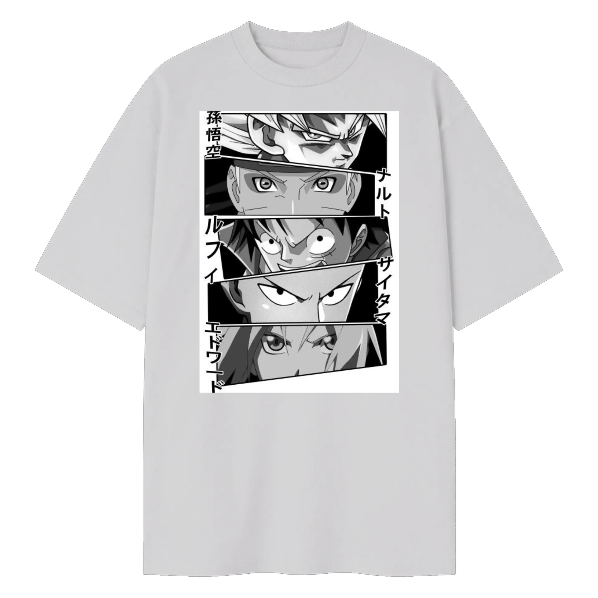 Camiseta Oversized Estampa Personagens Anime Preto e Branco - Imagem 1