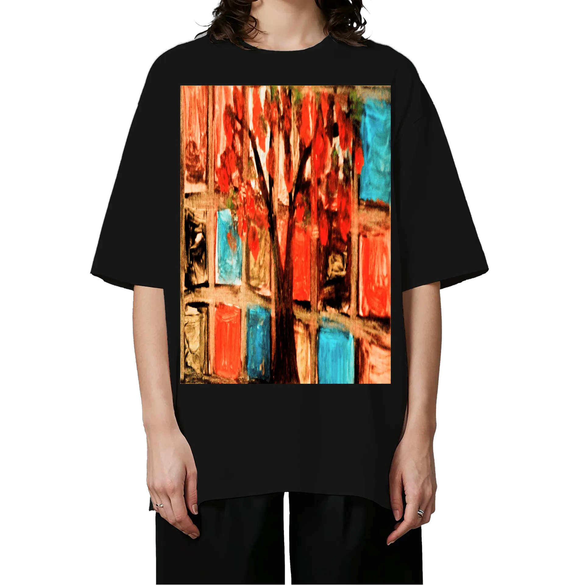 Camiseta Oversized Estante de Livros Abstrata Colorida - Imagem 3