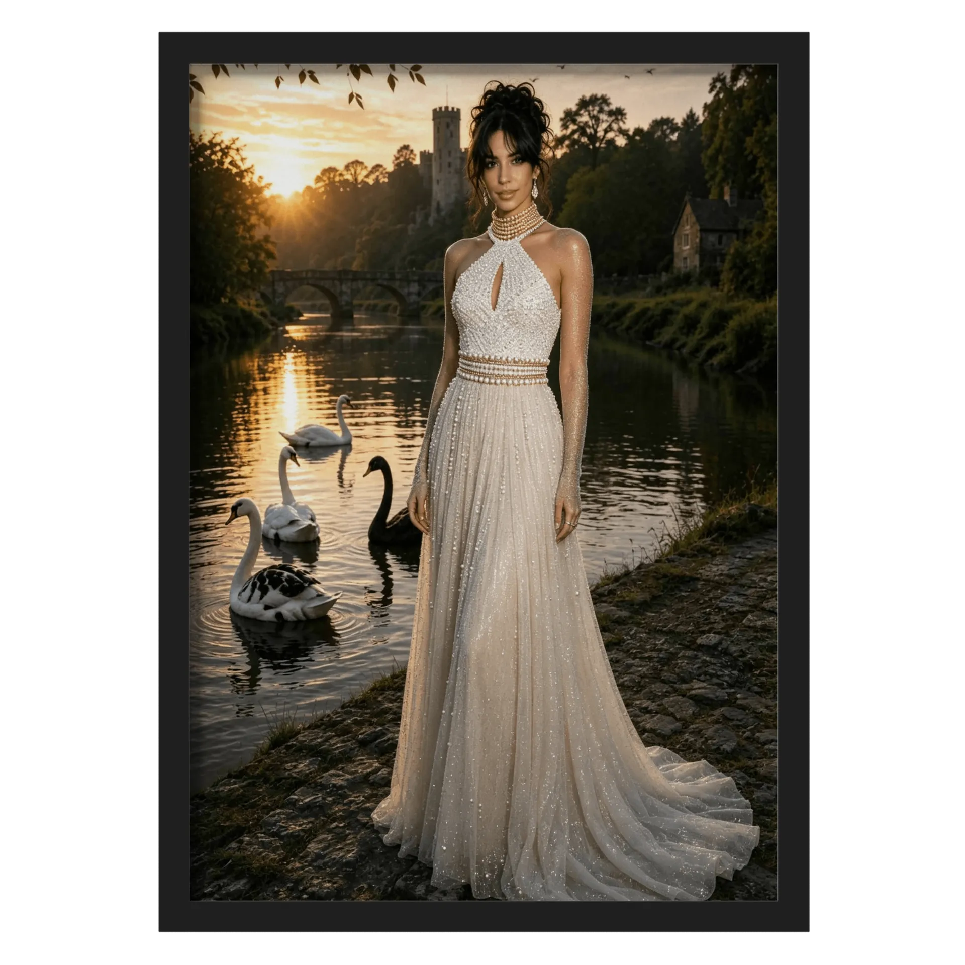 Quadro Artista Vestido Branco Luxo A3 Dourado Vidro MDF e - Imagem 1